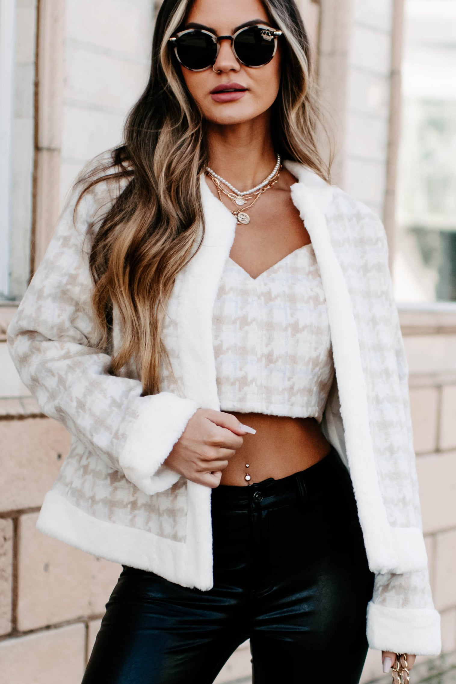 Gifted With Grace Houndstooth Fur Trimmed Jacket (Cream)-The Formal Wear