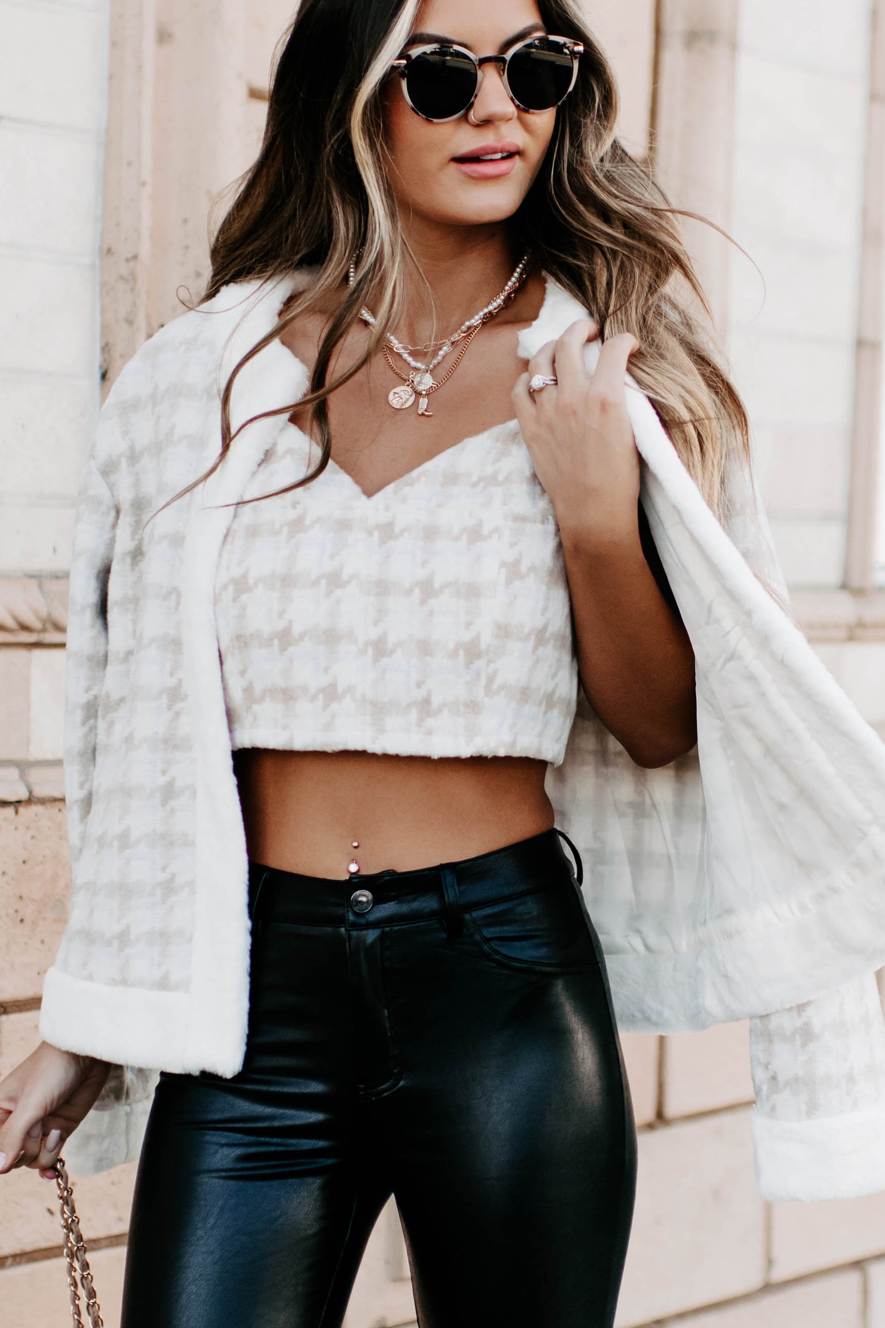 Gifted With Grace Houndstooth Fur Trimmed Jacket (Cream)-The Formal Wear