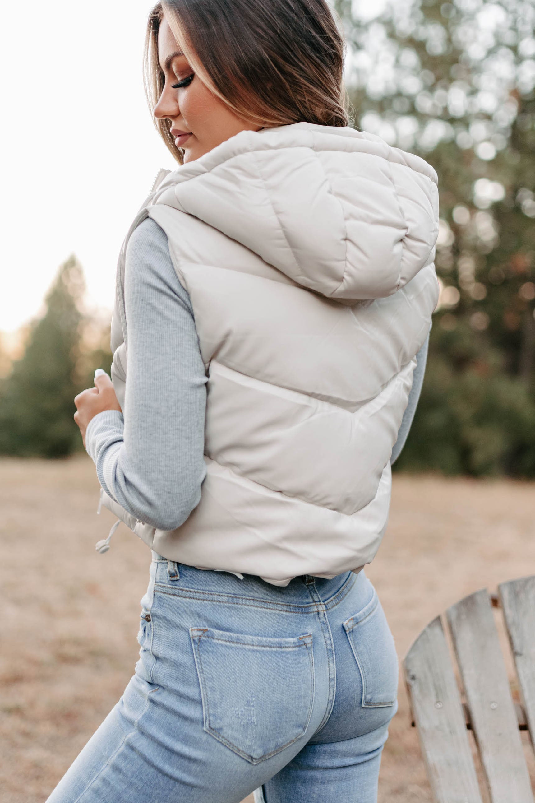 Arctic Chic Hooded Faux Leather Puffer Vest (Off White)-The Formal Wear