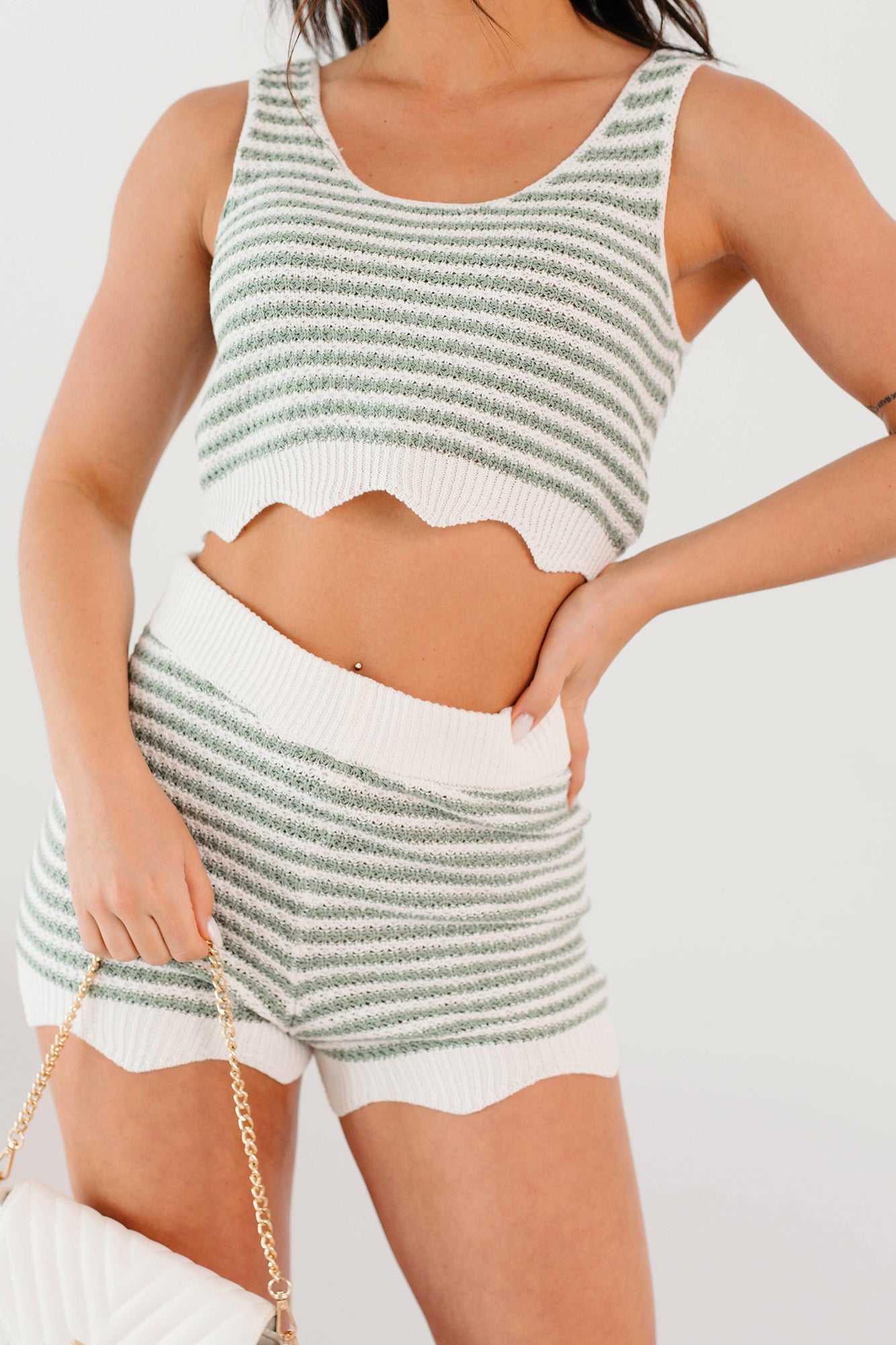 Relaxed Rhythm Striped Crop Top & Shorts Set (Sage)-The Formal Wear