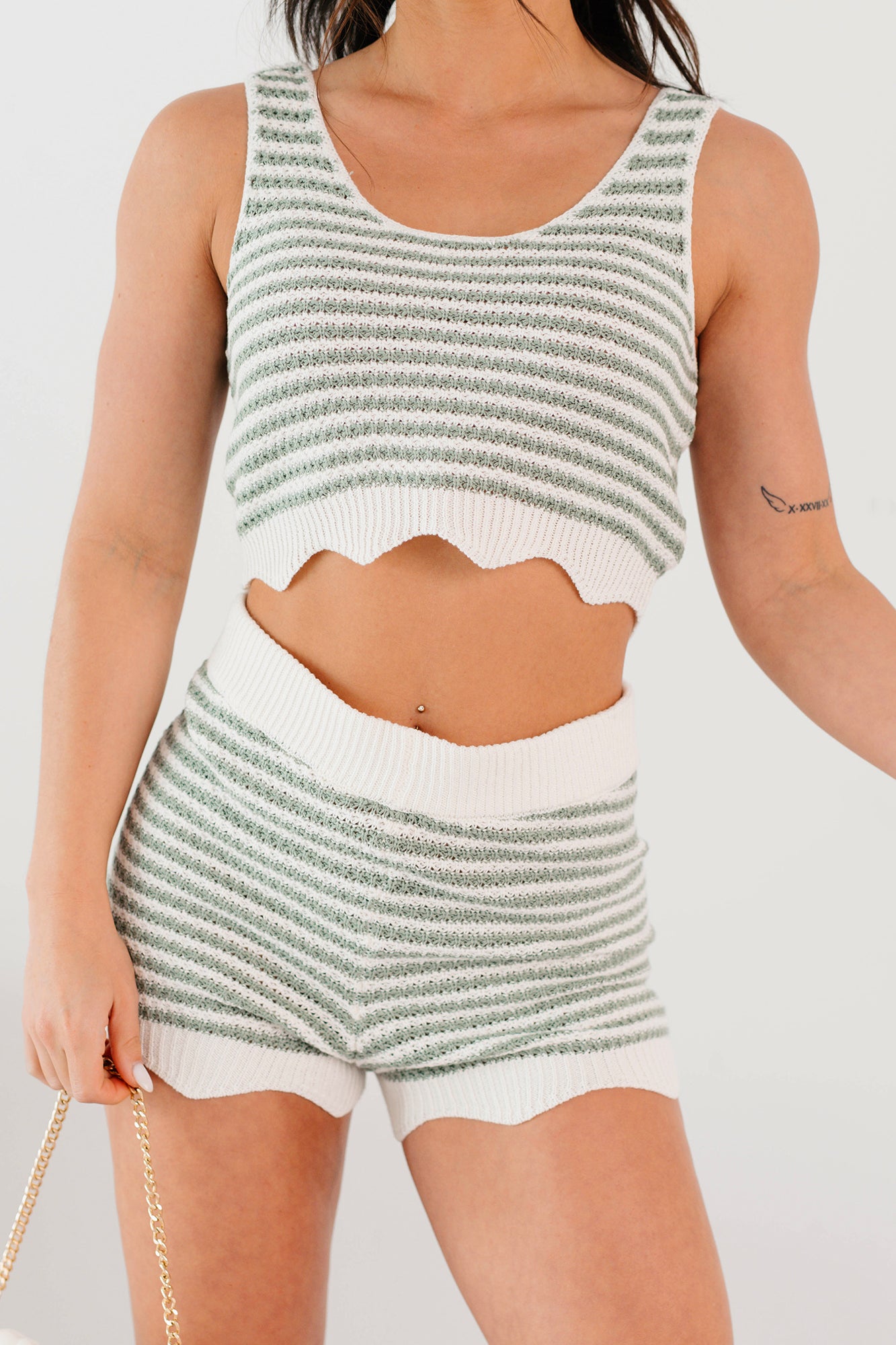 Relaxed Rhythm Striped Crop Top & Shorts Set (Sage)-The Formal Wear