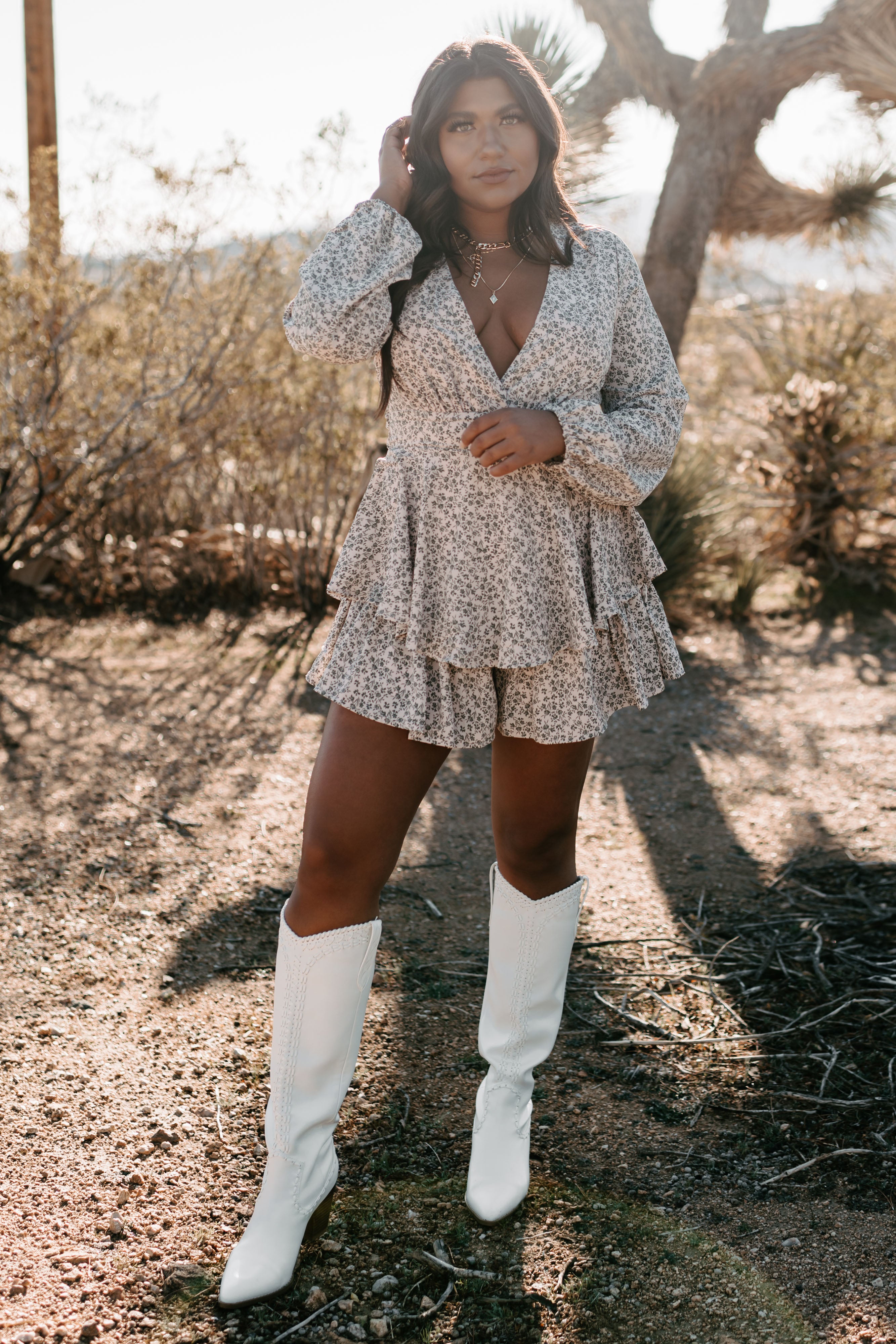 Beautiful Moments Long Sleeve Floral Romper (Peach/Green)-The Formal Wear