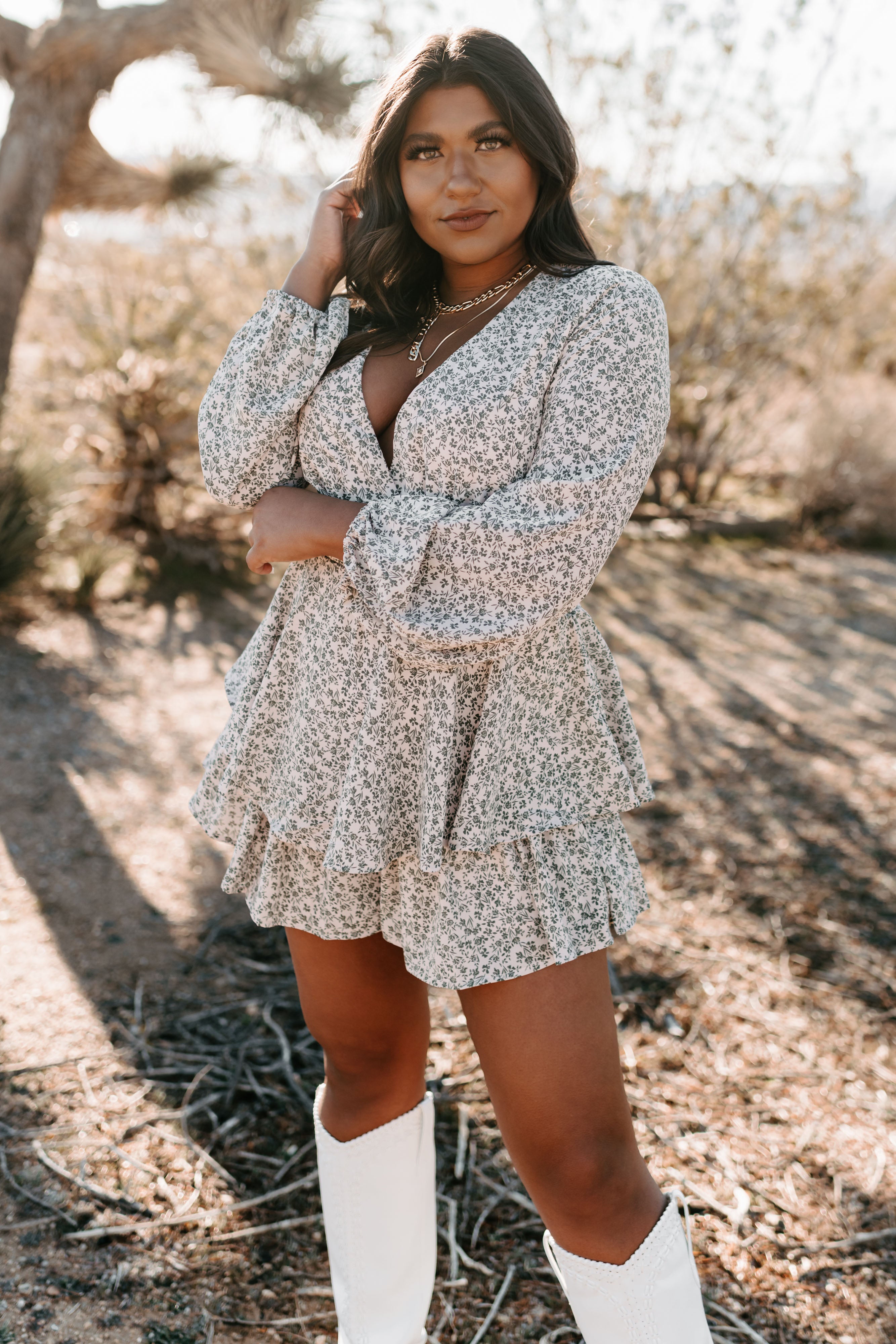 Beautiful Moments Long Sleeve Floral Romper (Peach/Green)-The Formal Wear