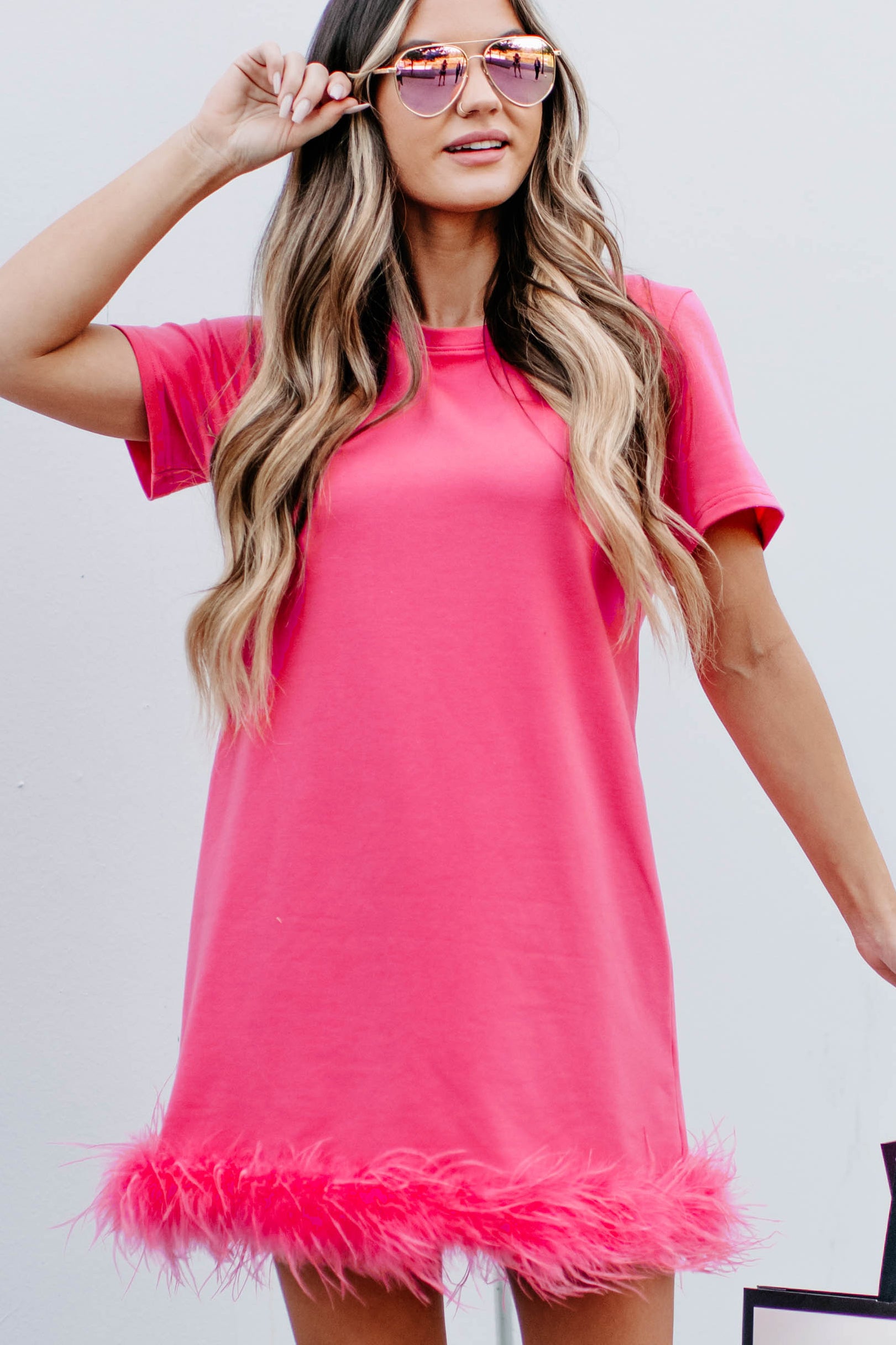 No Ruffled Feathers Feather Trim T-Shirt Dress (Fuchsia)-The Formal Wear