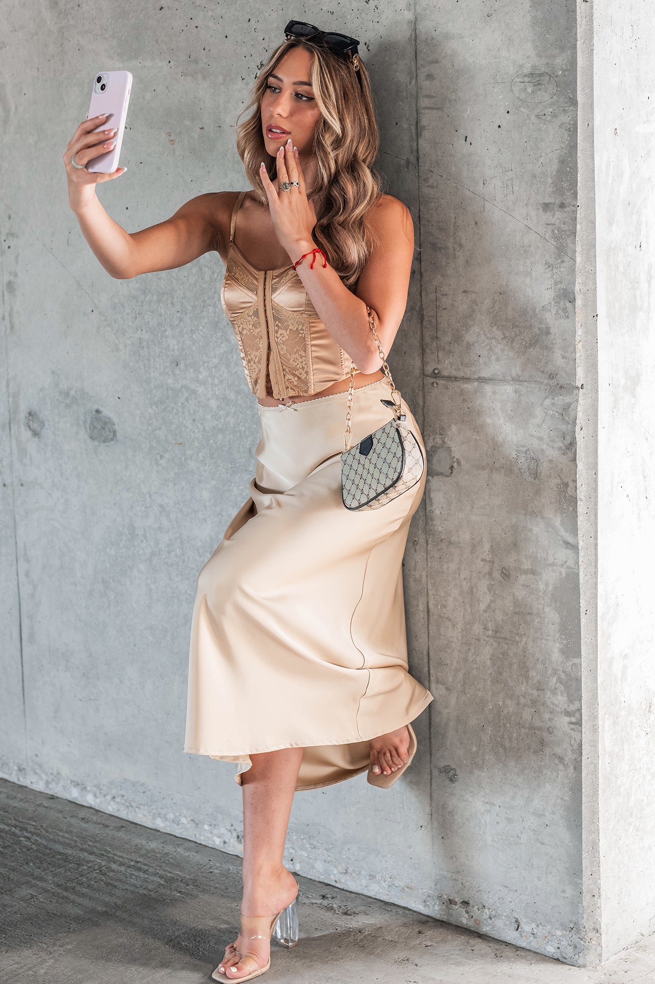 Chic Endeavors Satin Midi Skirt (Champagne)-The Formal Wear