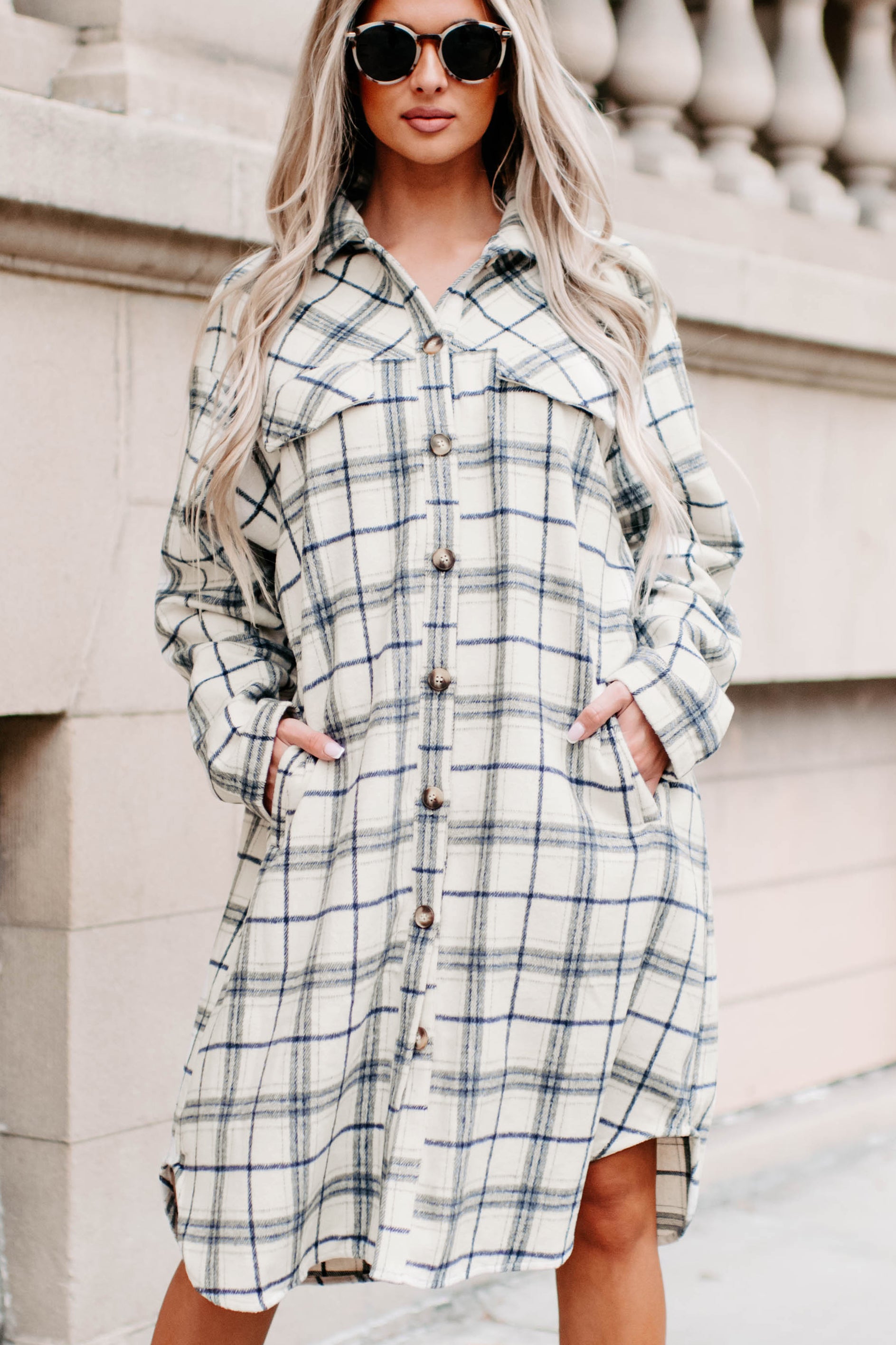 Hide Your Feelings Long Plaid Shacket (Ivory)-The Formal Wear