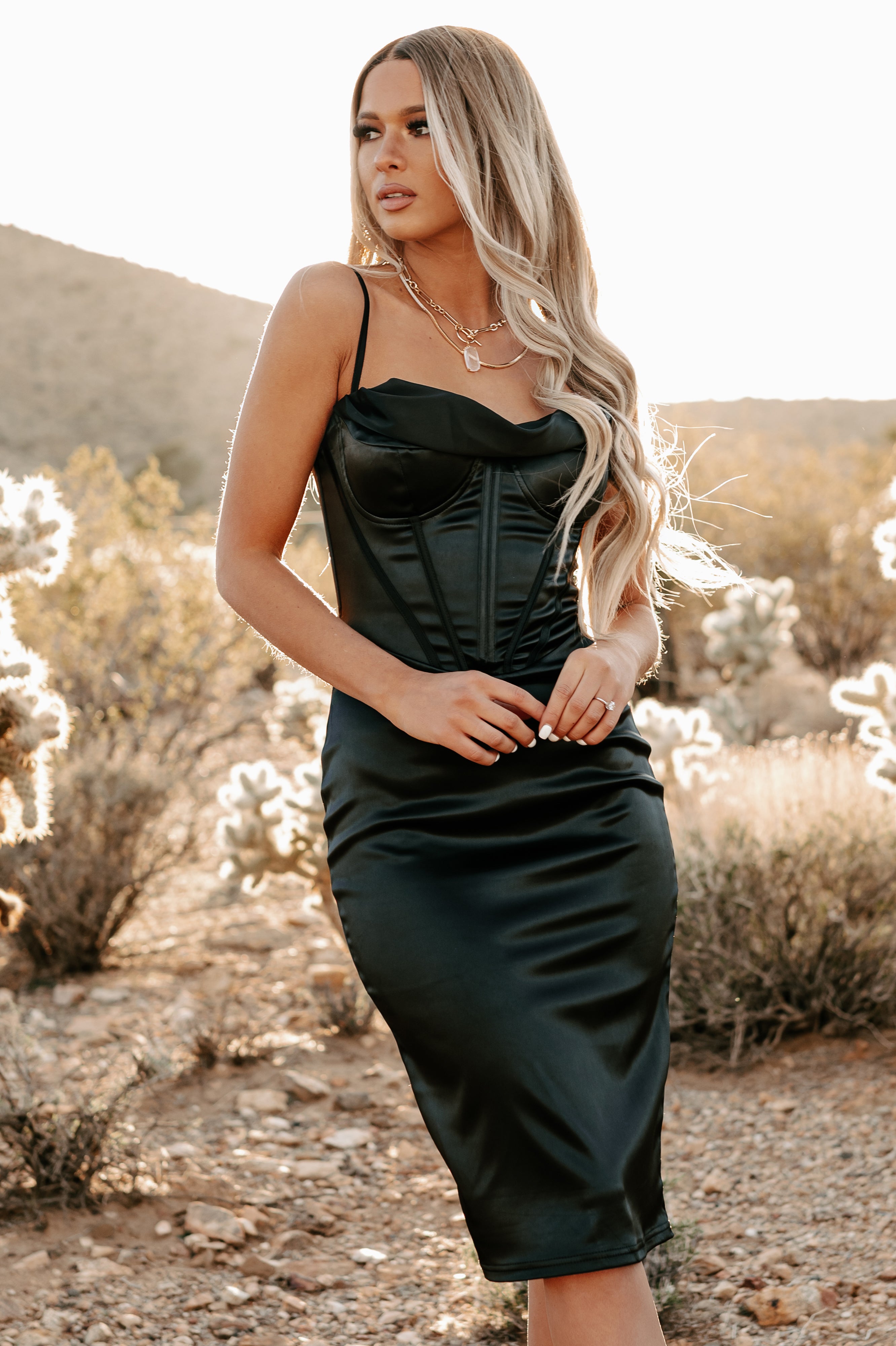 Can't Tell Me Nothing Satin Bustier Bodycon Dress (Black)-The Formal Wear