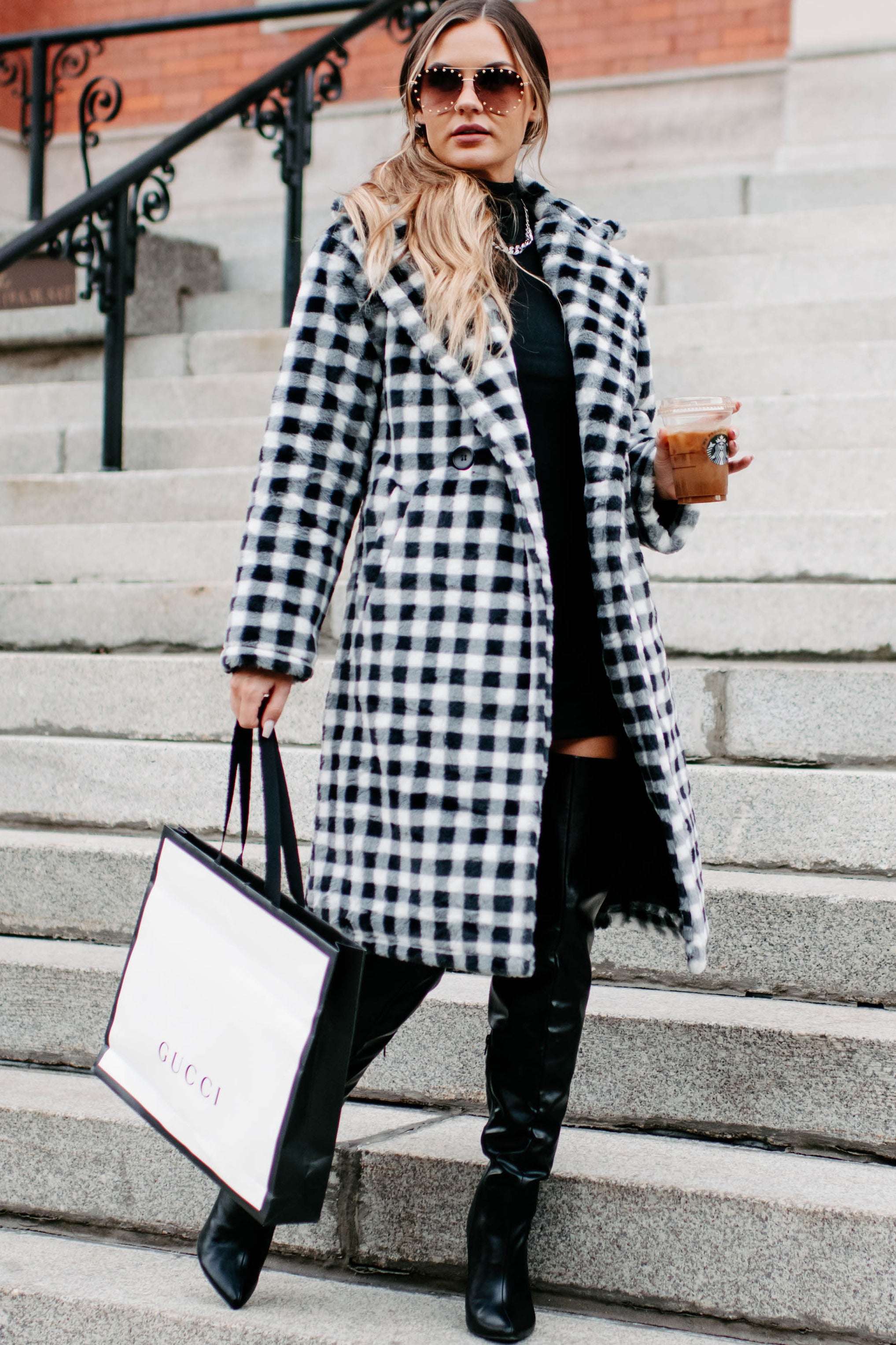 Call My Lawyer Checkered Faux Fur Coat (Black & White)-The Formal Wear