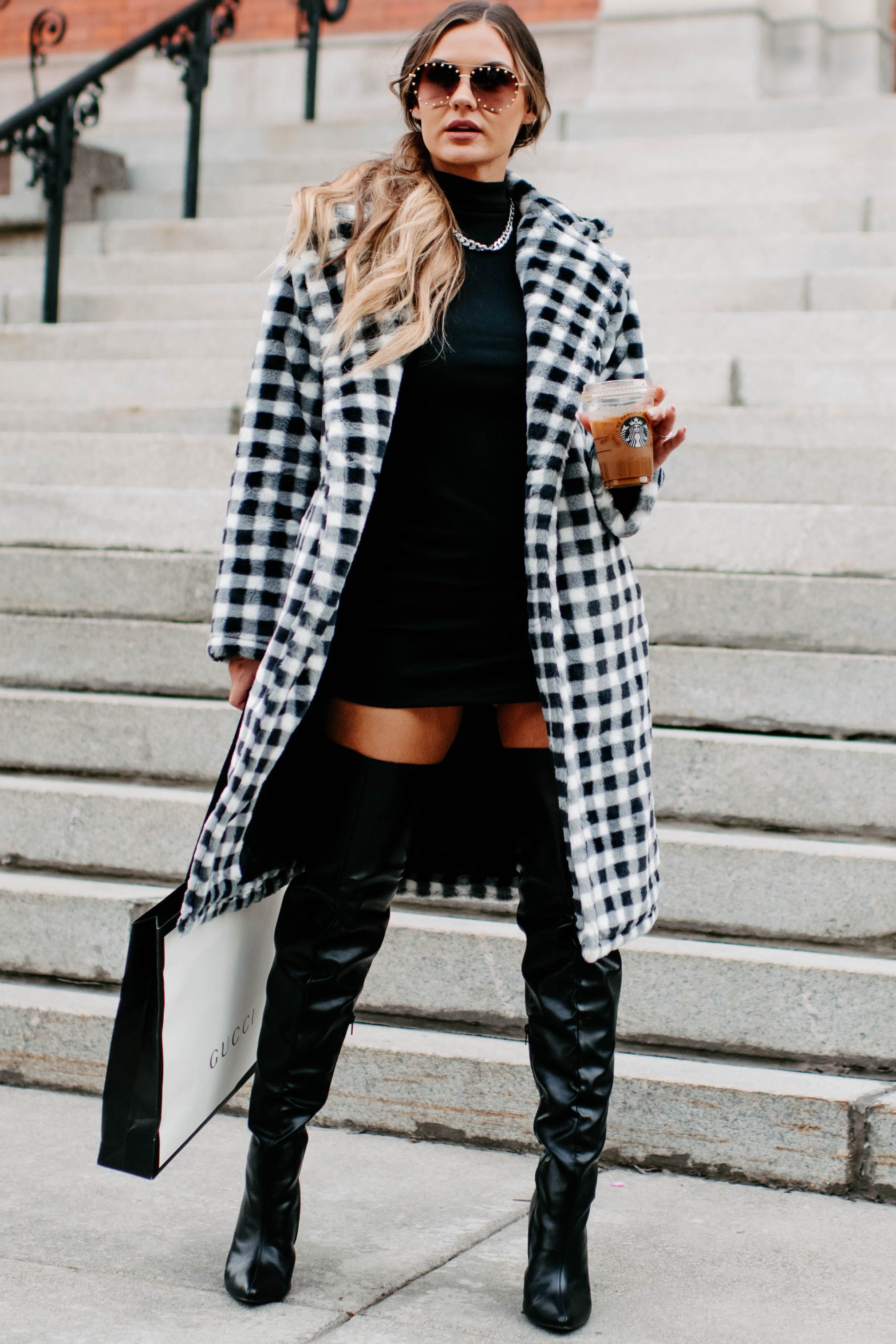 Call My Lawyer Checkered Faux Fur Coat (Black & White)-The Formal Wear