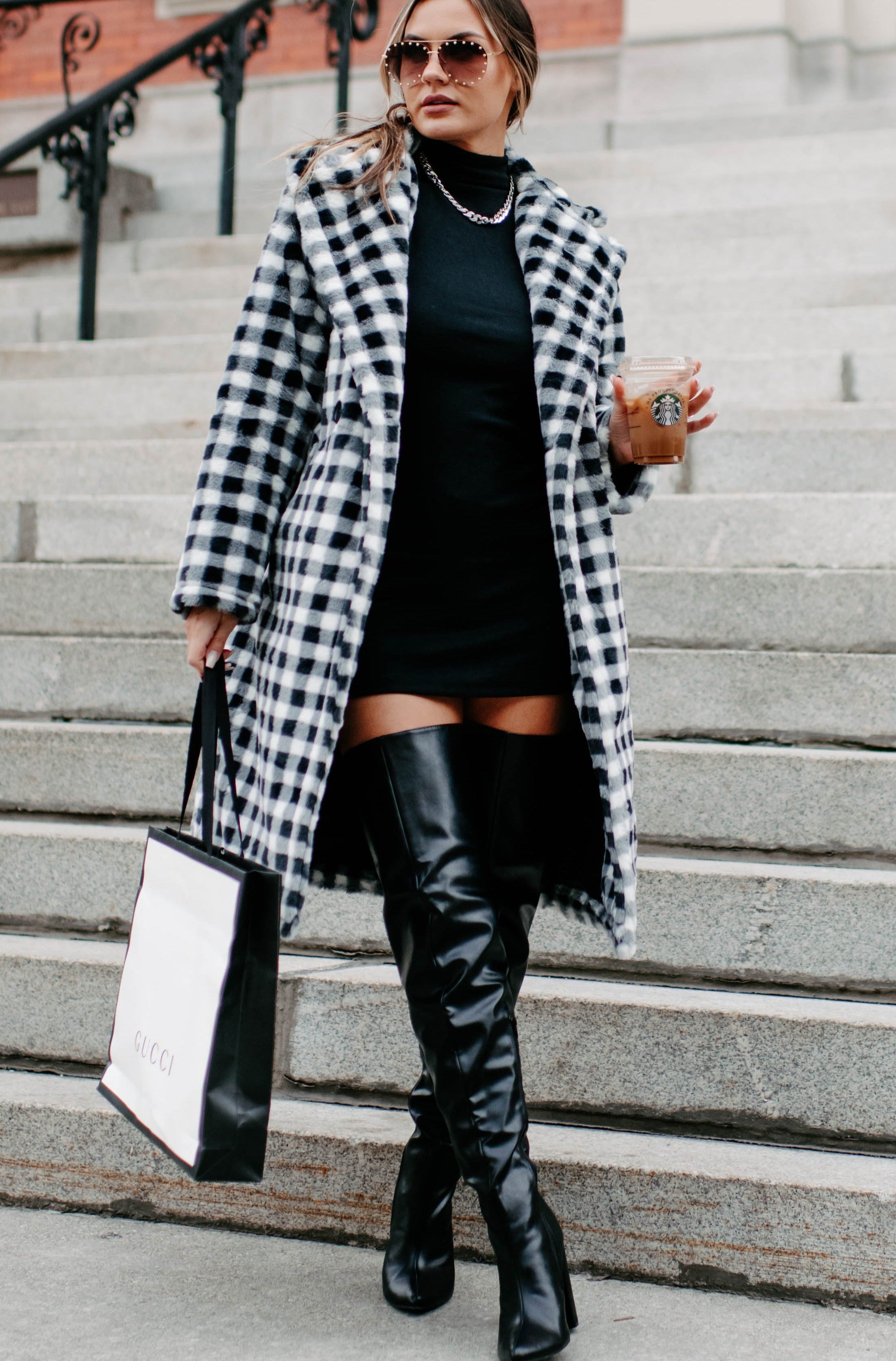 Call My Lawyer Checkered Faux Fur Coat (Black & White)-The Formal Wear