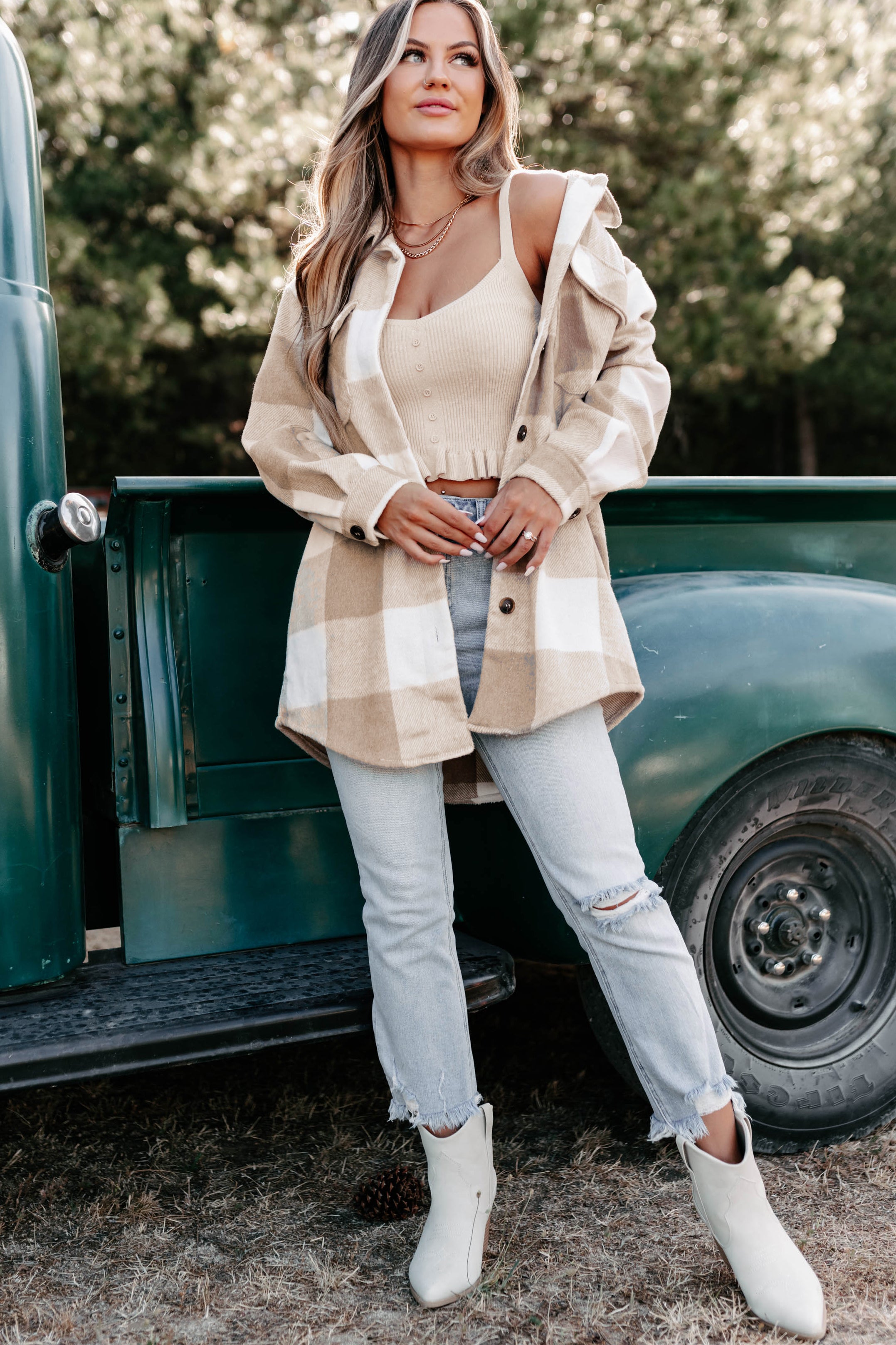 Shiren Plaid Oversized Shacket (Khaki)-The Formal Wear