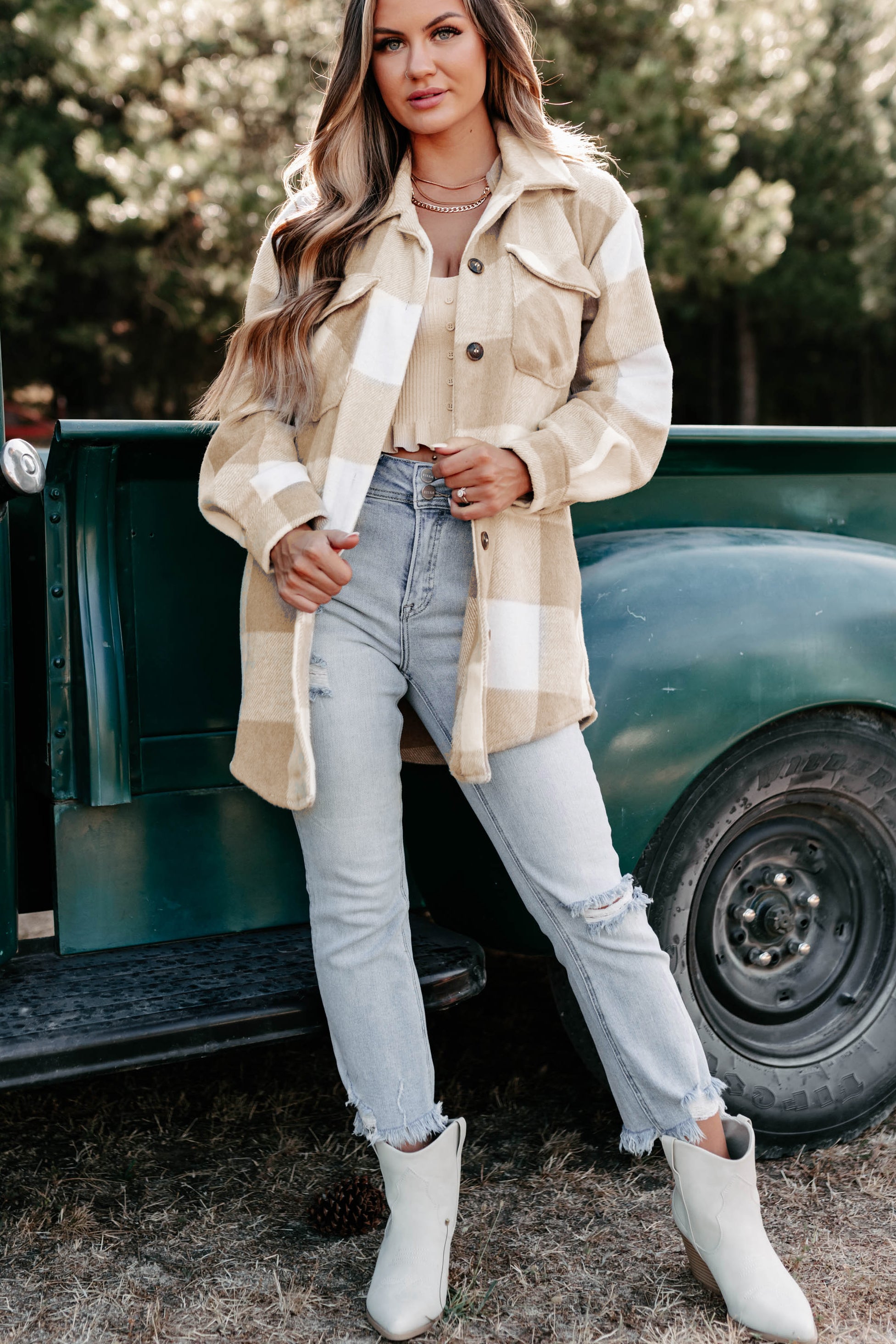 Shiren Plaid Oversized Shacket (Khaki)-The Formal Wear