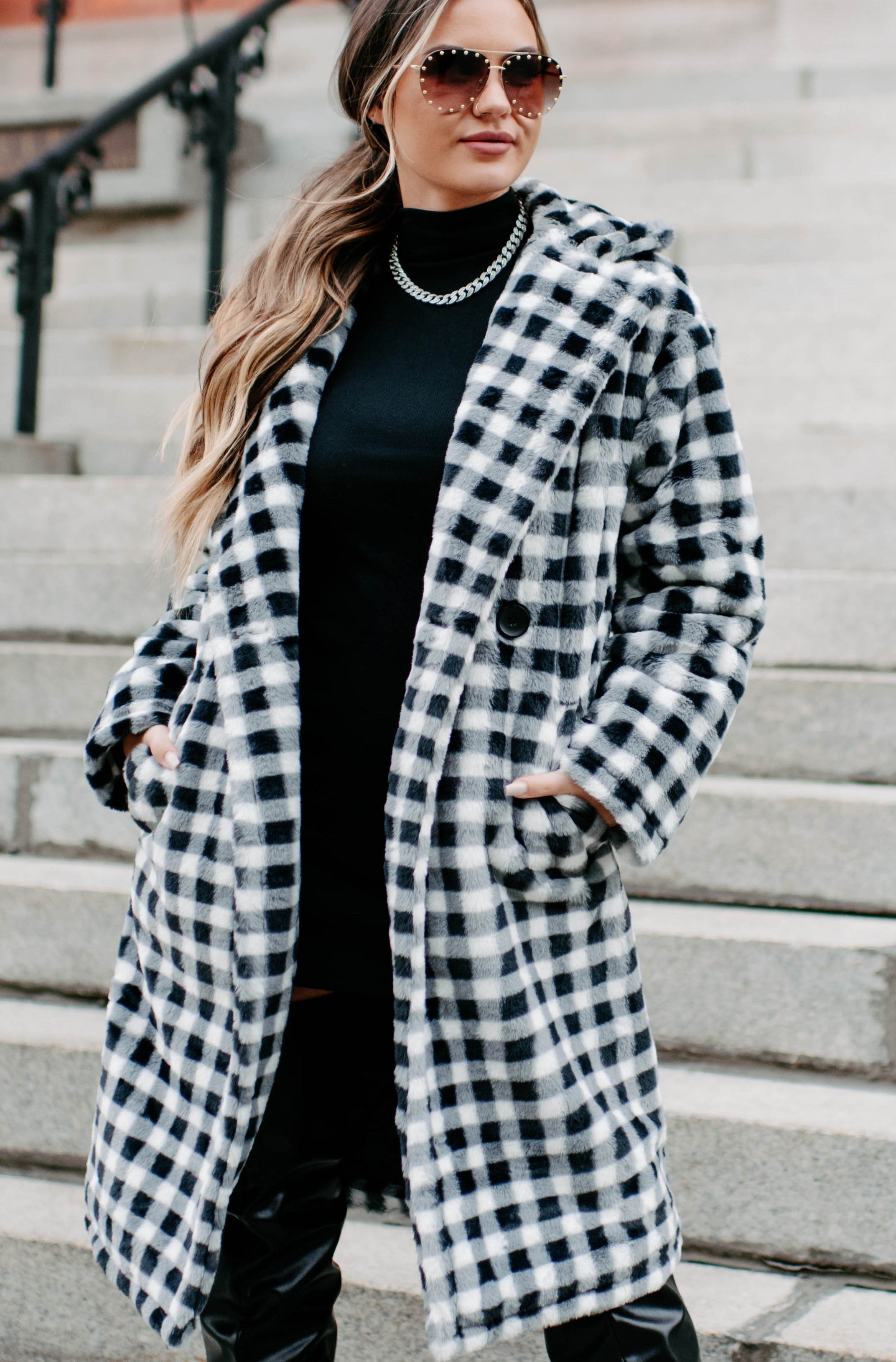 Call My Lawyer Checkered Faux Fur Coat (Black & White)-The Formal Wear
