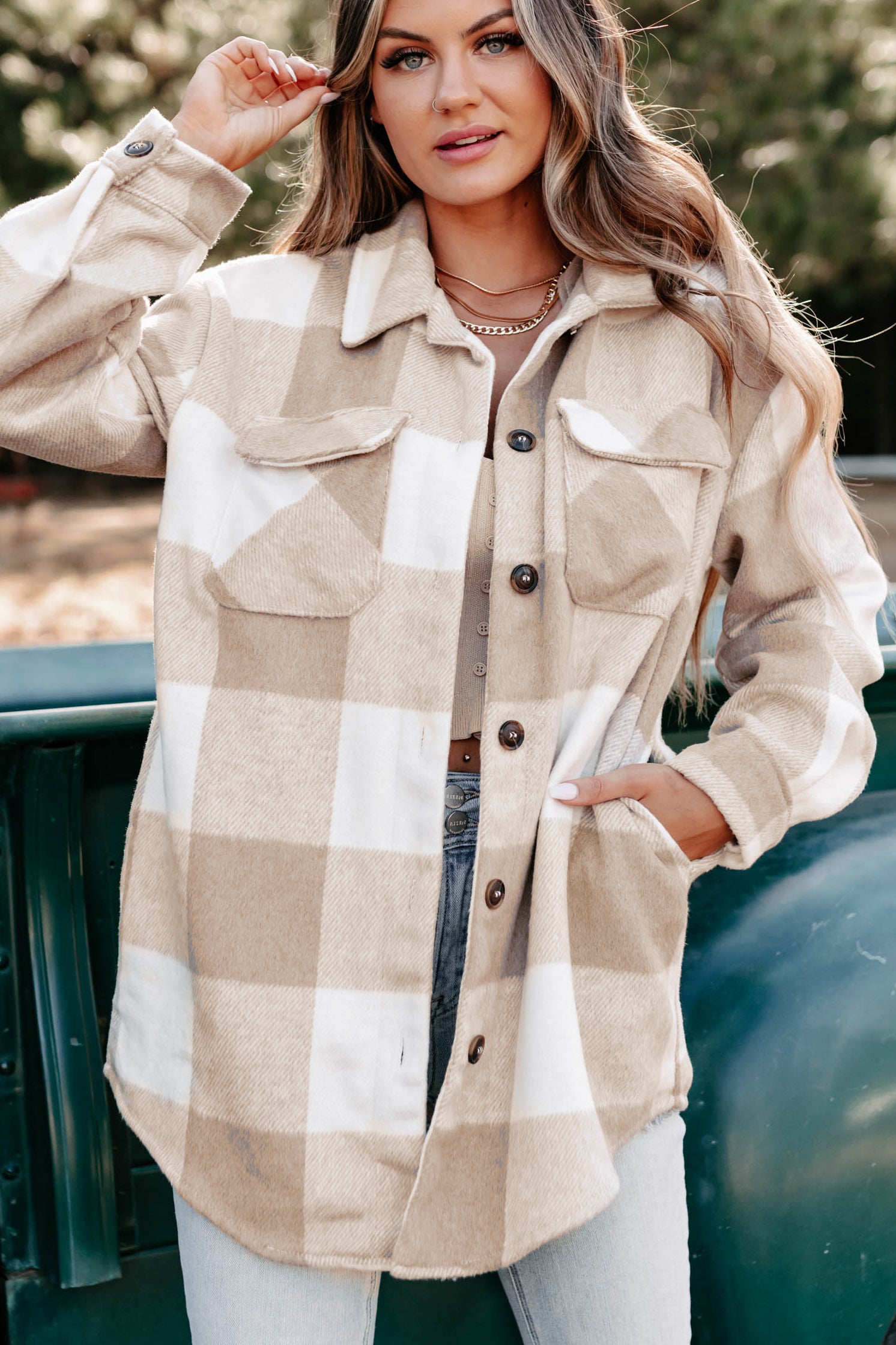 Shiren Plaid Oversized Shacket (Khaki)-The Formal Wear