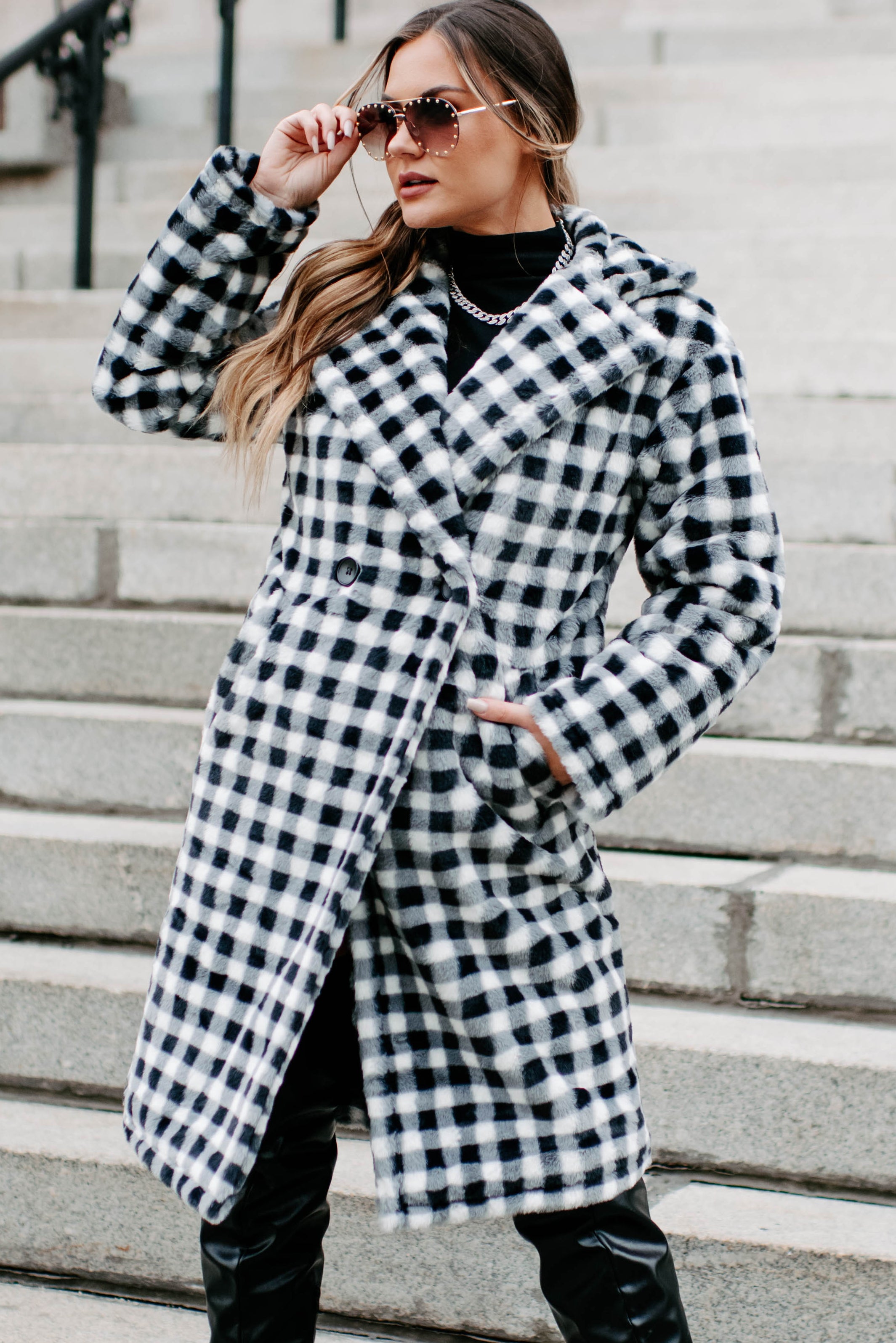 Call My Lawyer Checkered Faux Fur Coat (Black & White)-The Formal Wear