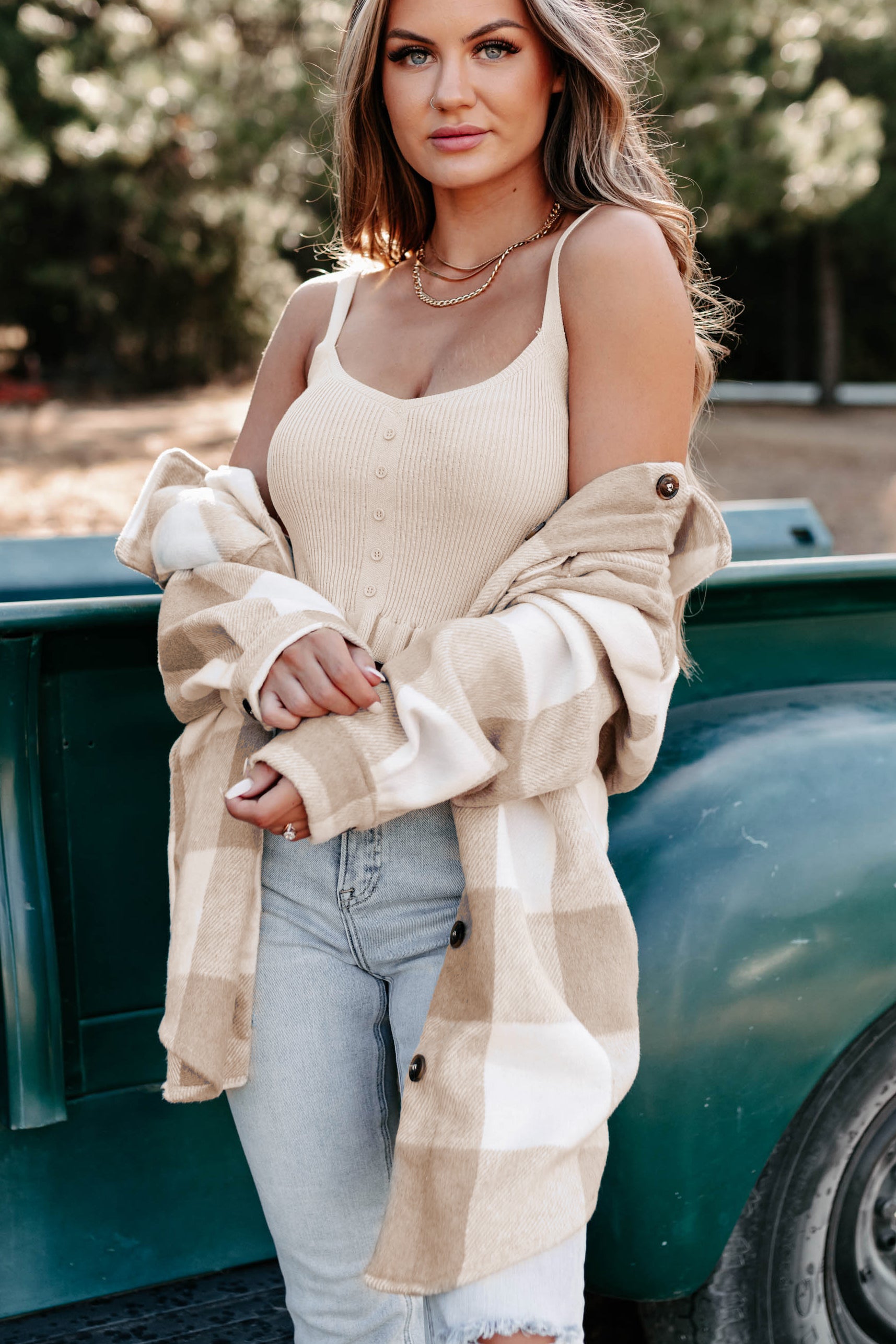 Shiren Plaid Oversized Shacket (Khaki)-The Formal Wear