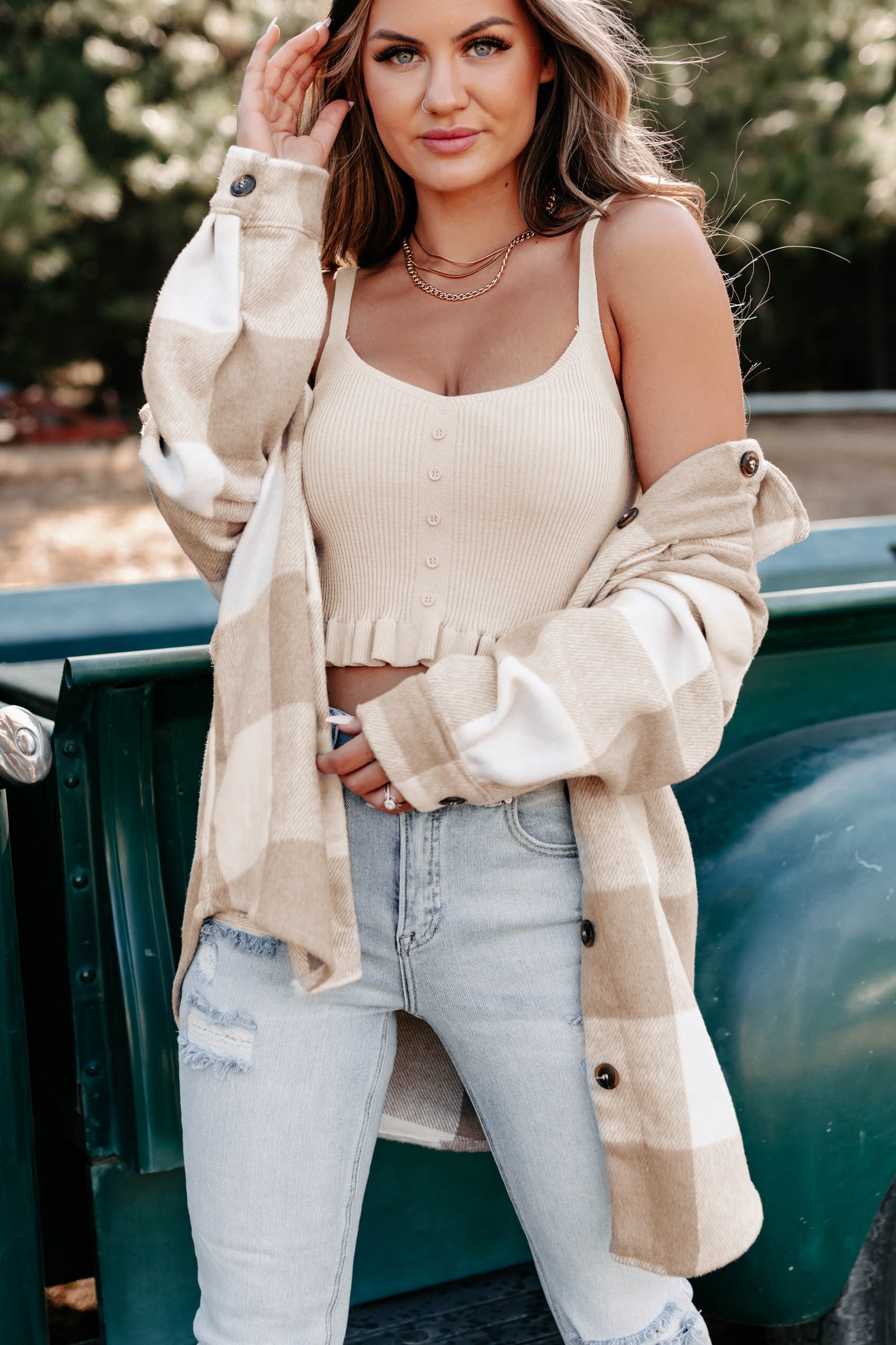 Shiren Plaid Oversized Shacket (Khaki)-The Formal Wear