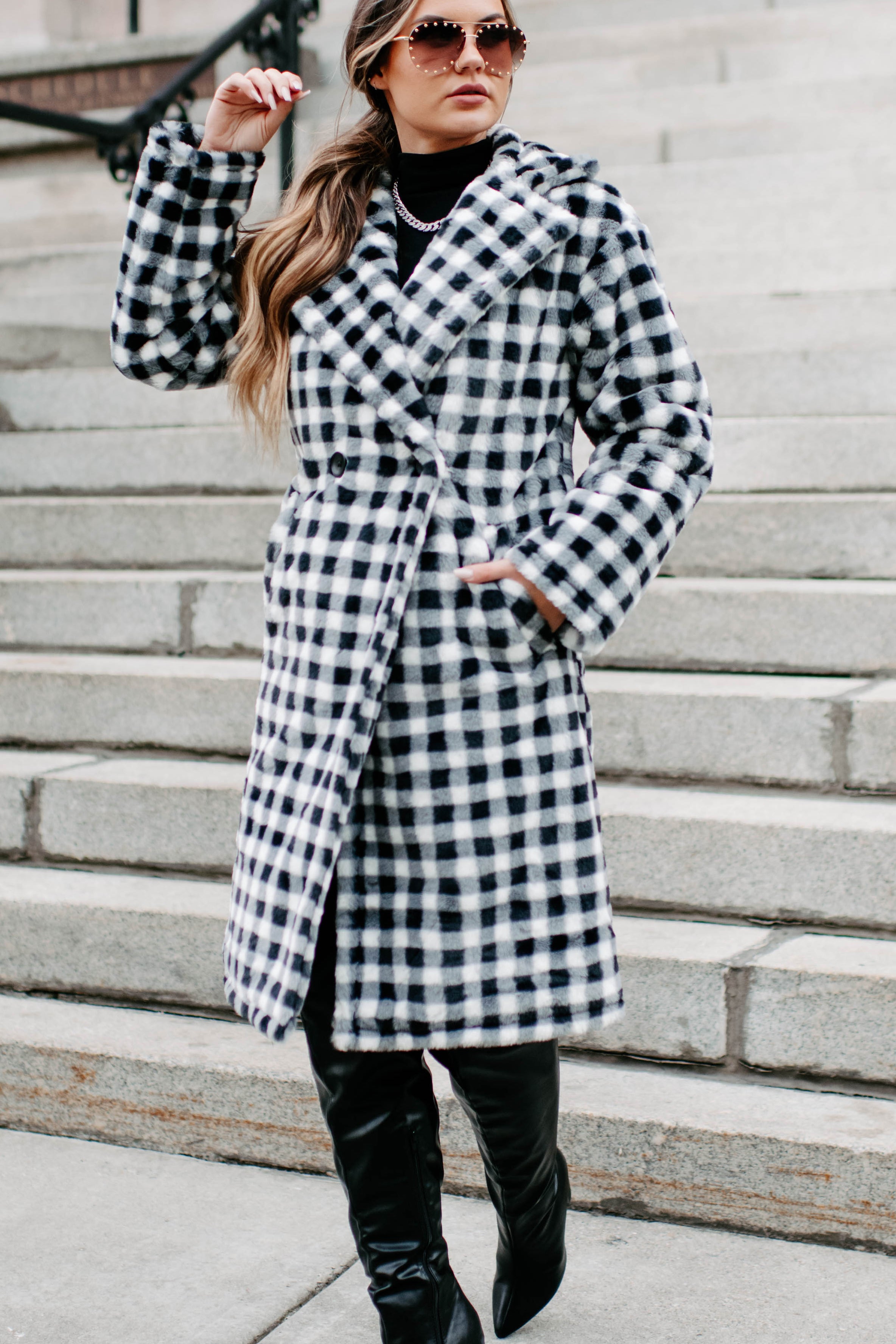 Call My Lawyer Checkered Faux Fur Coat (Black & White)-The Formal Wear