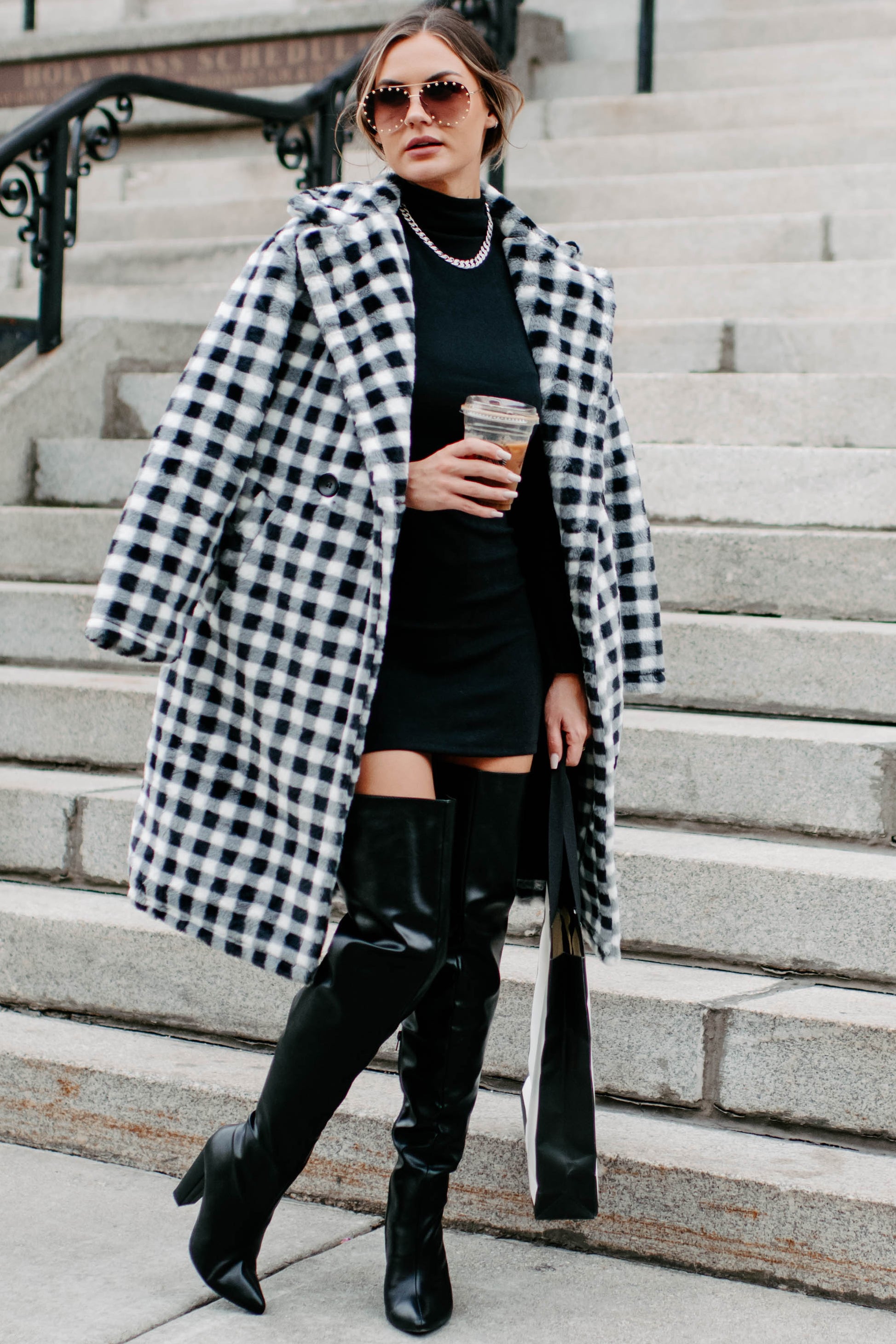 Call My Lawyer Checkered Faux Fur Coat (Black & White)-The Formal Wear