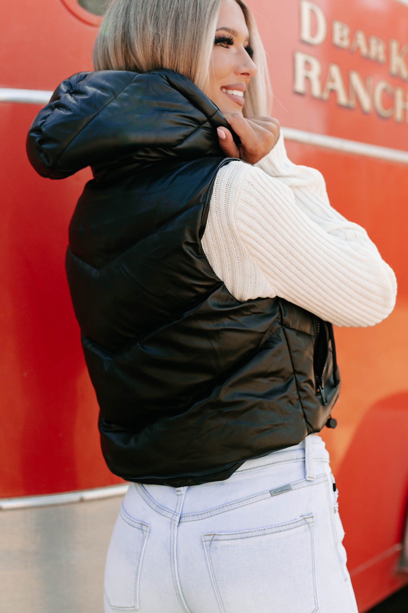 Arctic Chic Hooded Faux Leather Puffer Vest (Black)-The Formal Wear