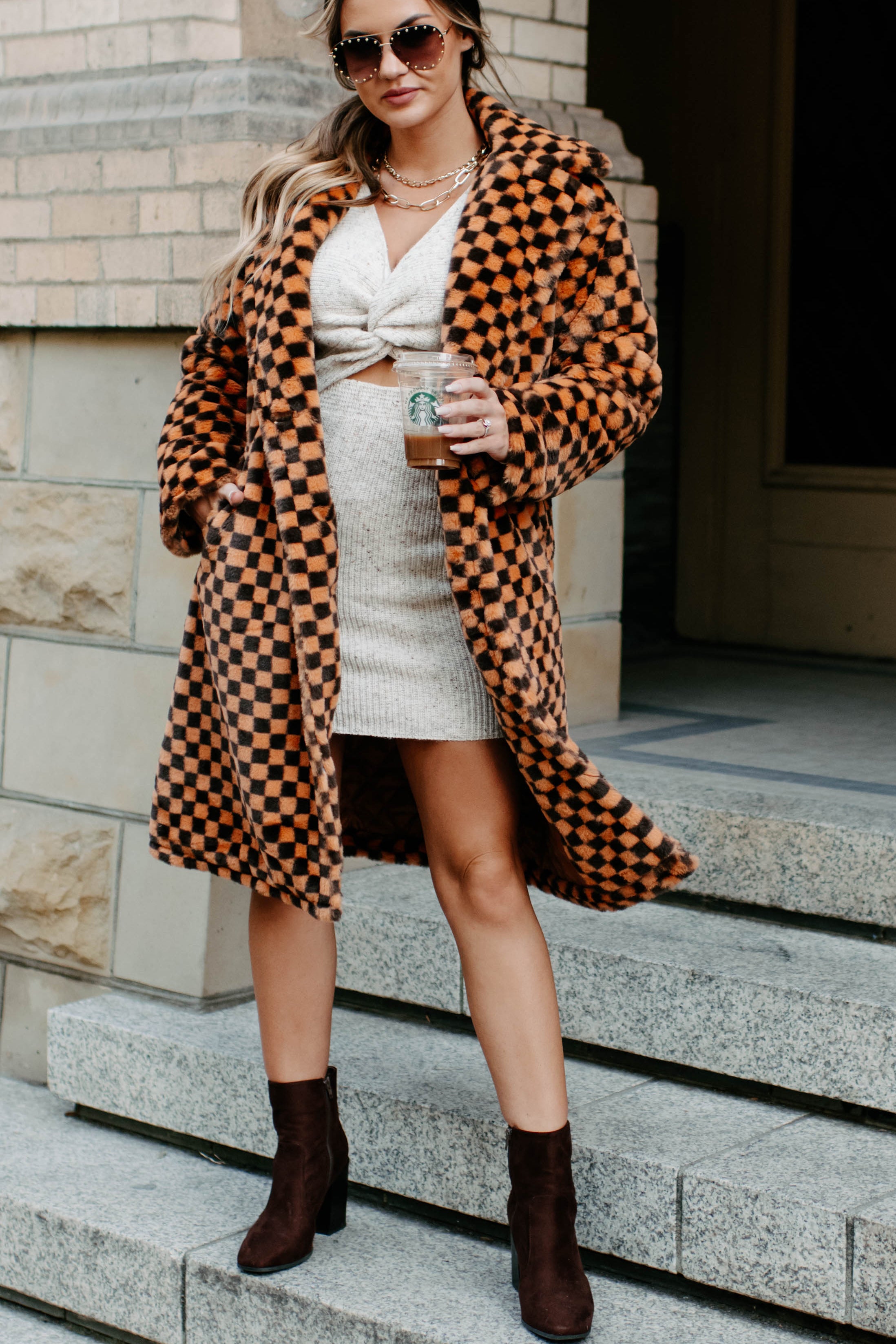 Call My Lawyer Checkered Faux Fur Coat (Brown & Orange)-The Formal Wear