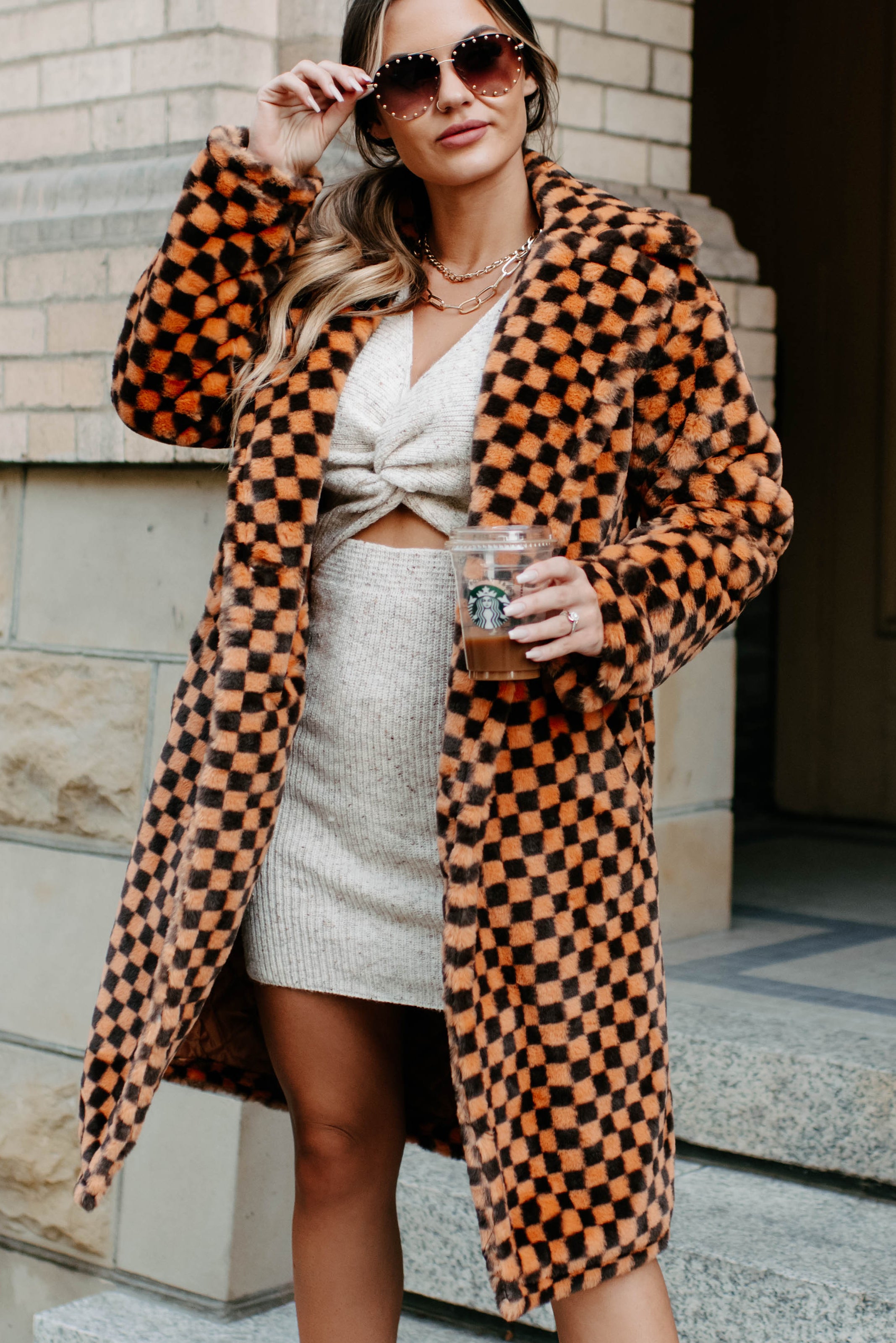 Call My Lawyer Checkered Faux Fur Coat (Brown & Orange)-The Formal Wear