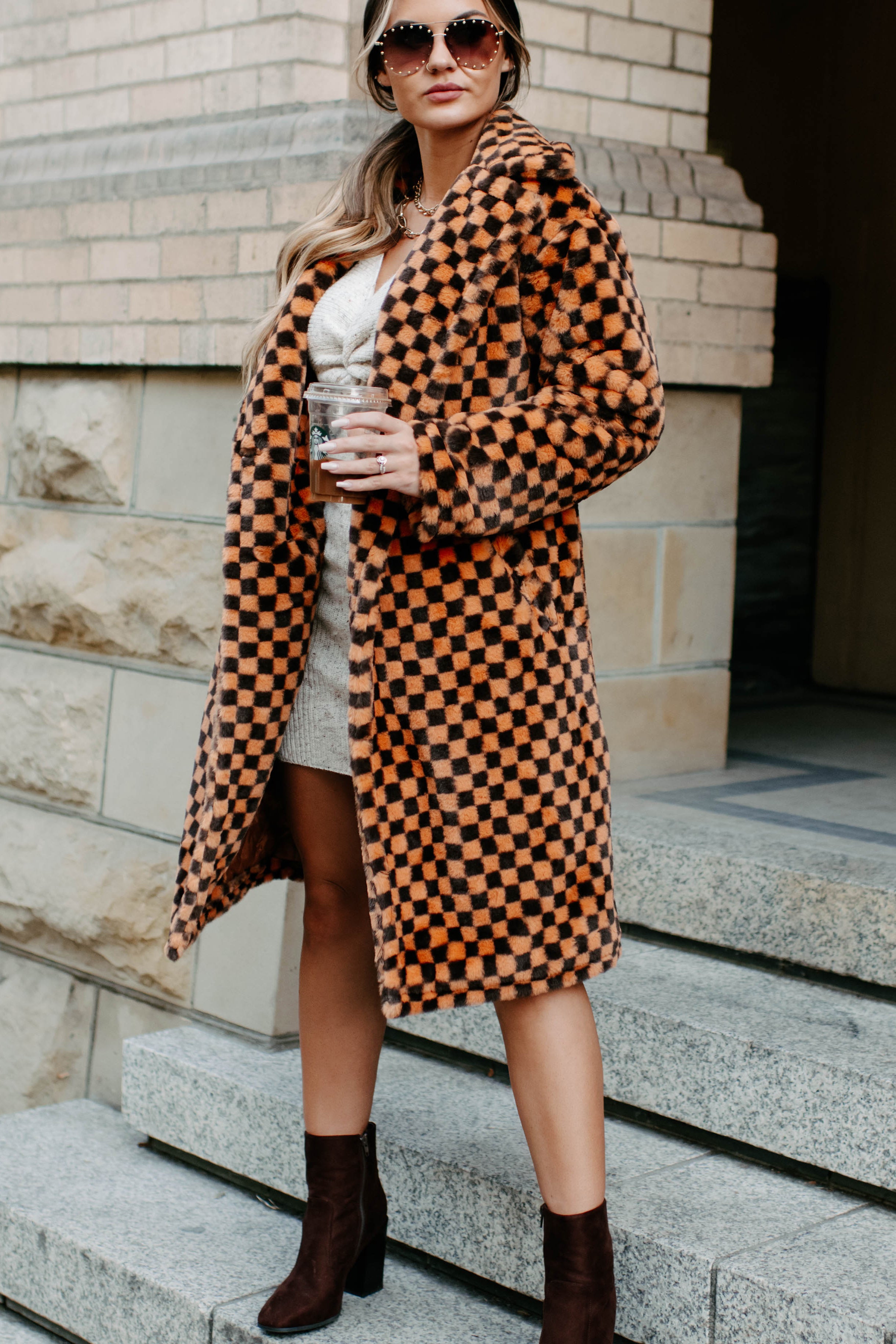 Call My Lawyer Checkered Faux Fur Coat (Brown & Orange)-The Formal Wear