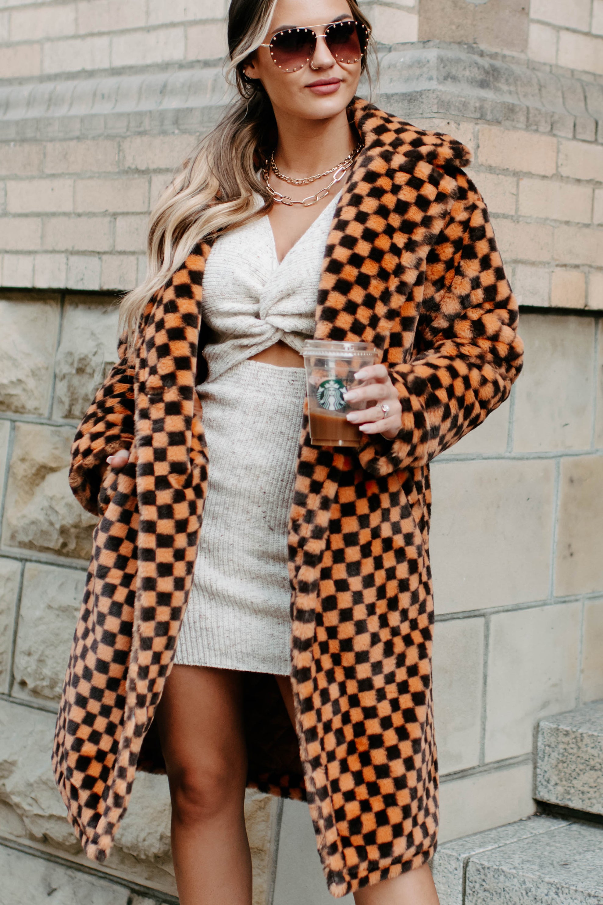 Call My Lawyer Checkered Faux Fur Coat (Brown & Orange)-The Formal Wear