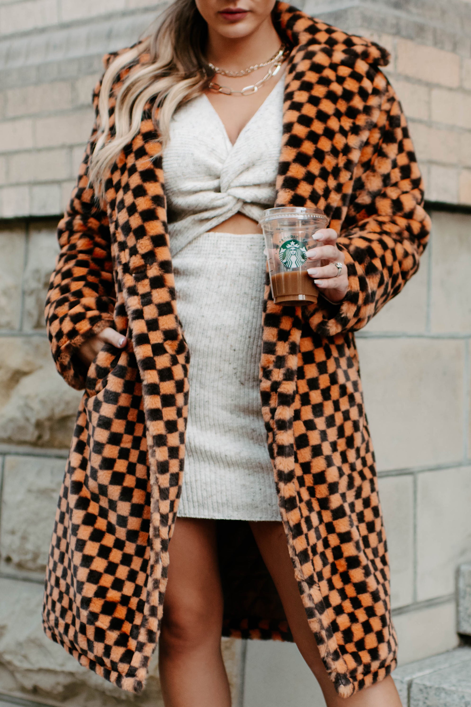 Call My Lawyer Checkered Faux Fur Coat (Brown & Orange)-The Formal Wear