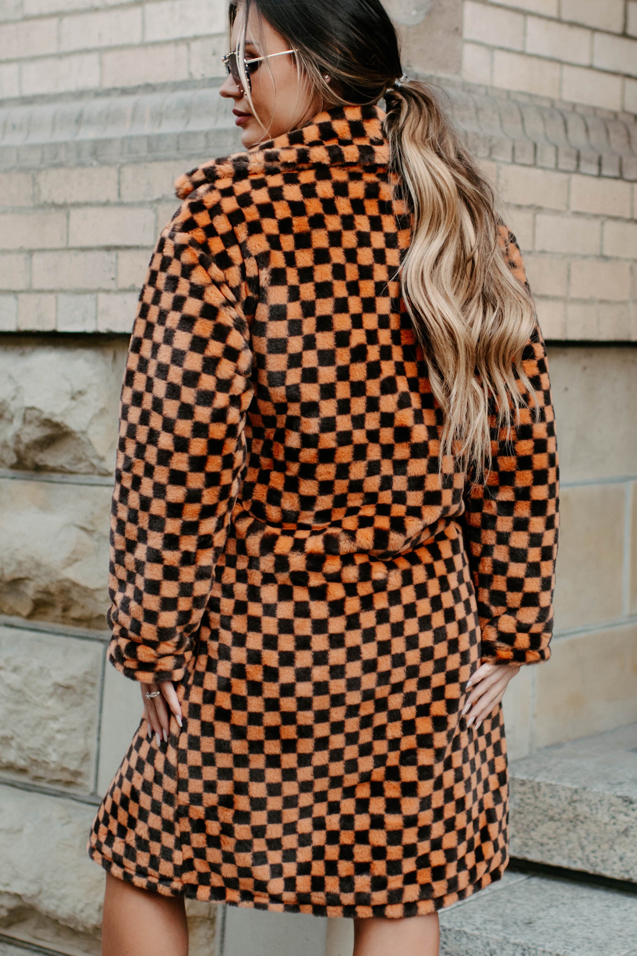 Call My Lawyer Checkered Faux Fur Coat (Brown & Orange)-The Formal Wear
