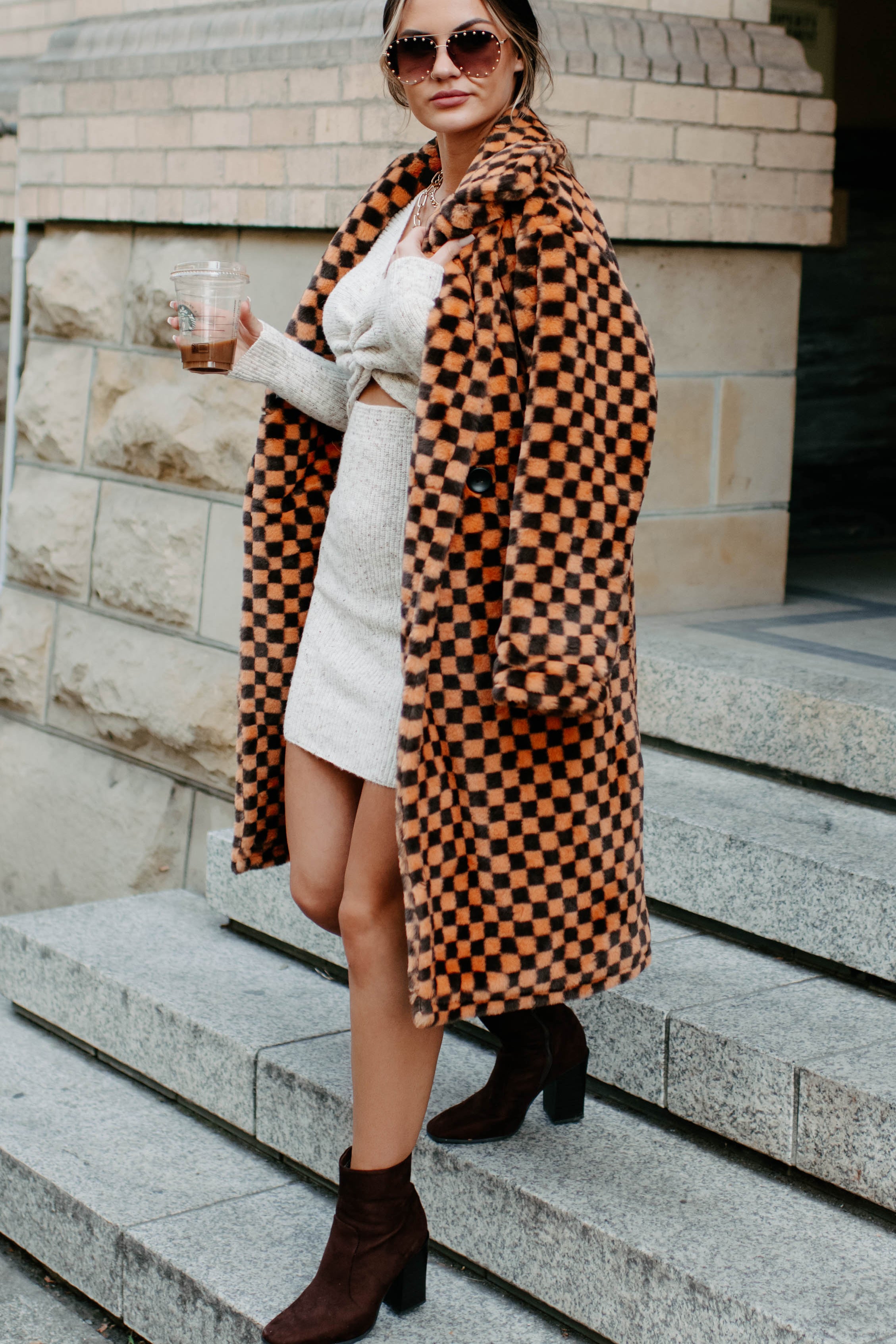 Call My Lawyer Checkered Faux Fur Coat (Brown & Orange)-The Formal Wear
