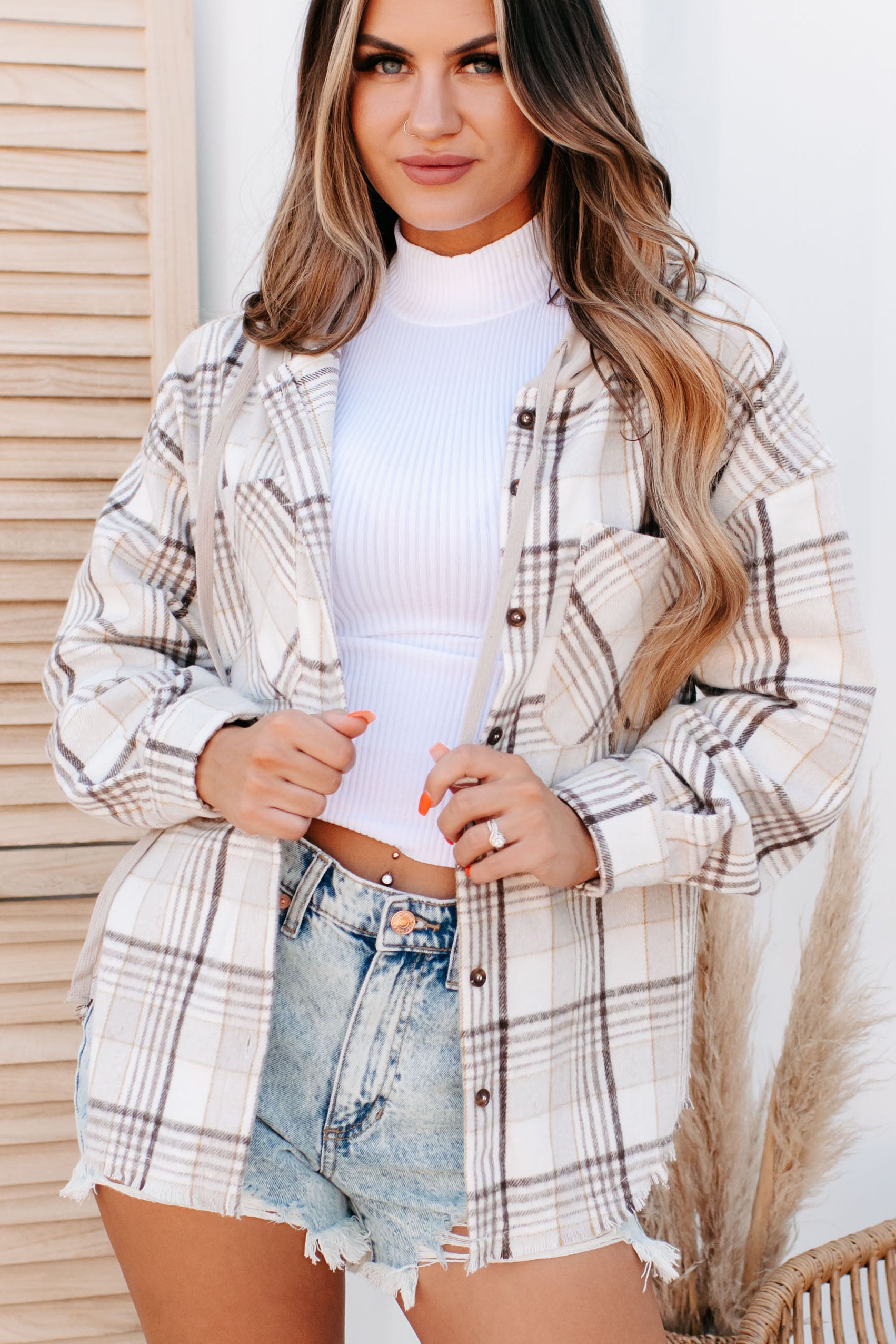 Soph Plaid Hooded Shacket (Cream)-The Formal Wear