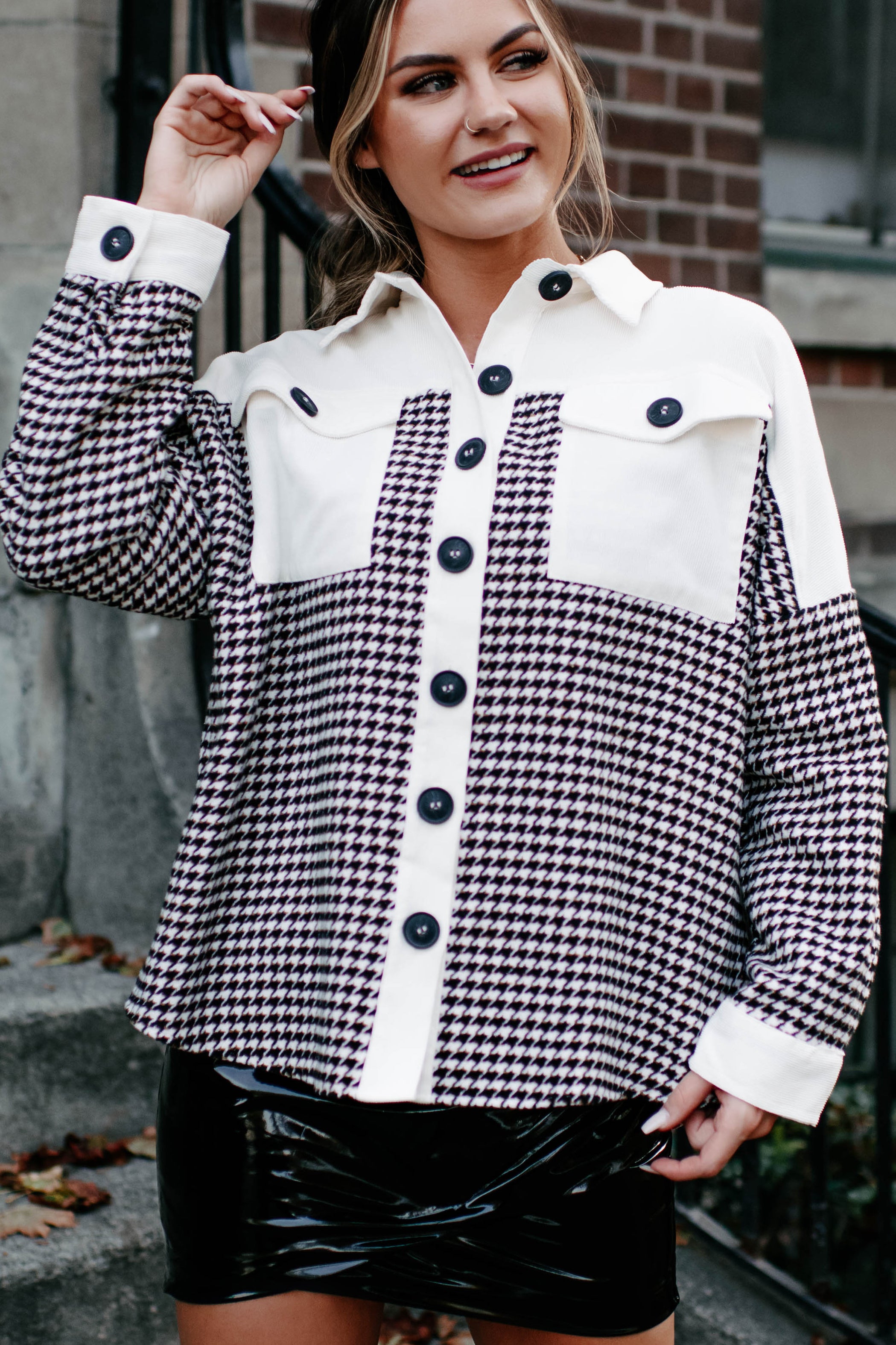 Say Anything Houndstooth Shacket (Cream Mix)-The Formal Wear