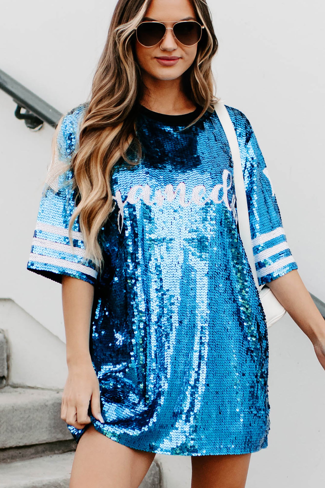 Gameday Glam Sequin T-Shirt Dress (Blue/White)-The Formal Wear