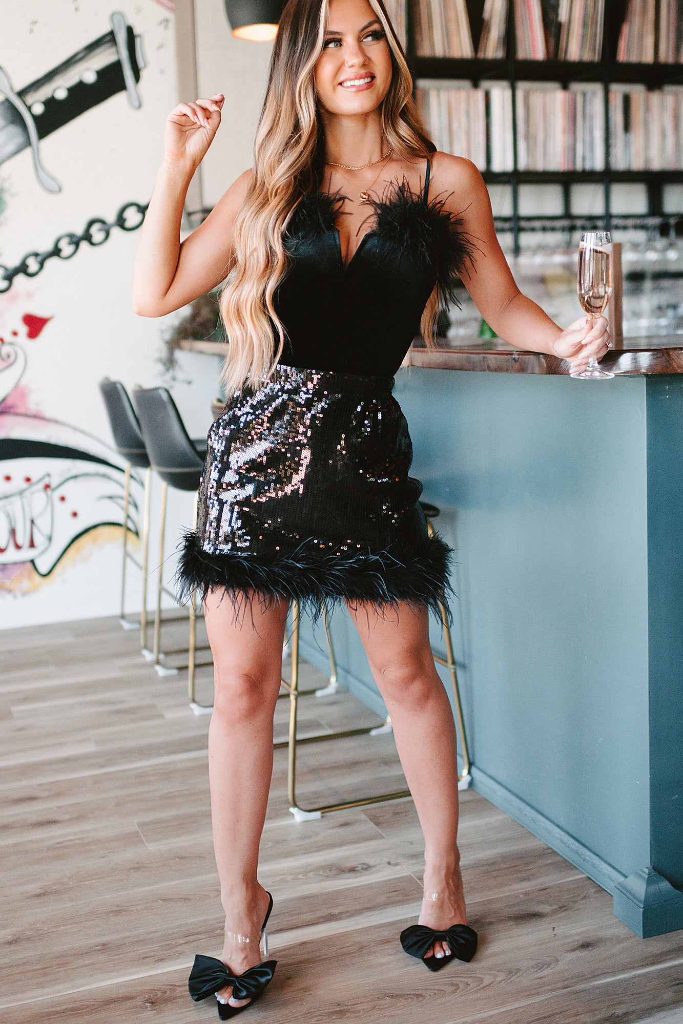 Sequin Sensation High Waisted Sequin Feather Mini Skirt (Black)-The Formal Wear