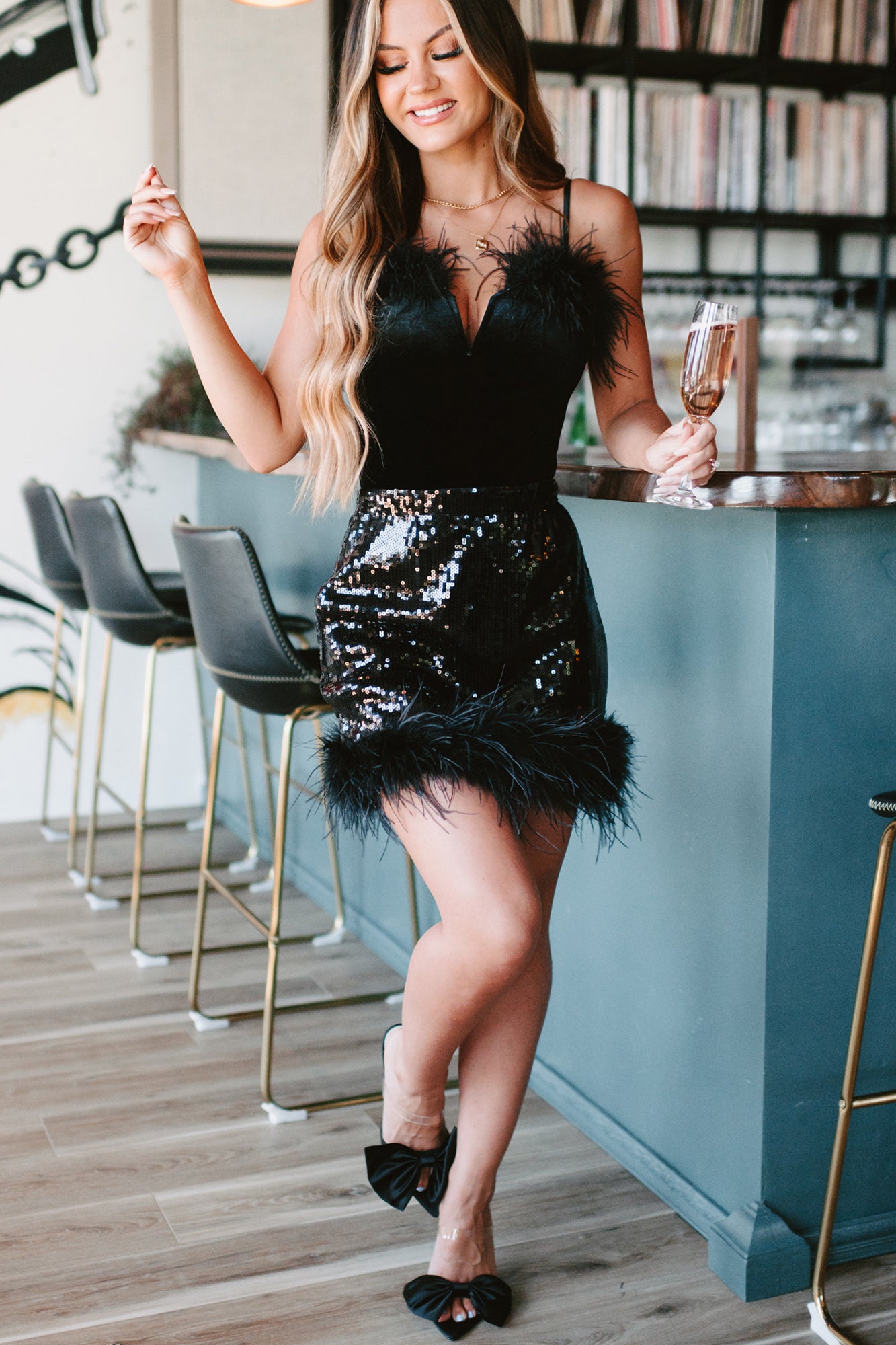 Sequin Sensation High Waisted Sequin Feather Mini Skirt (Black)-The Formal Wear
