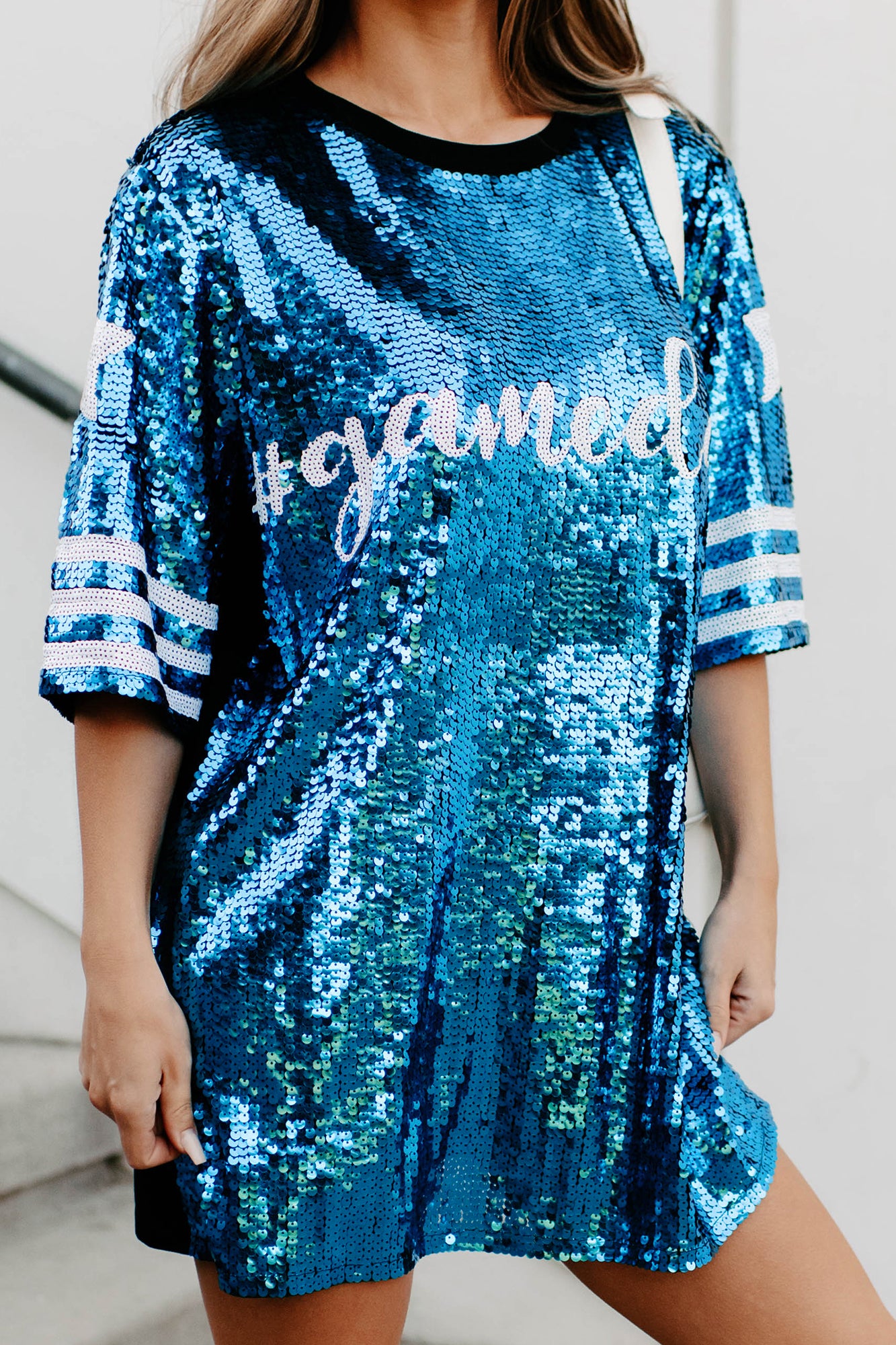Gameday Glam Sequin T-Shirt Dress (Blue/White)-The Formal Wear
