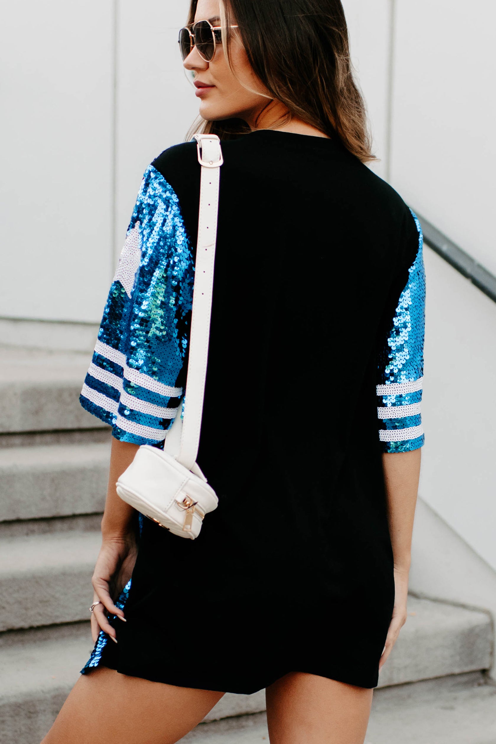 Gameday Glam Sequin T-Shirt Dress (Blue/White)-The Formal Wear