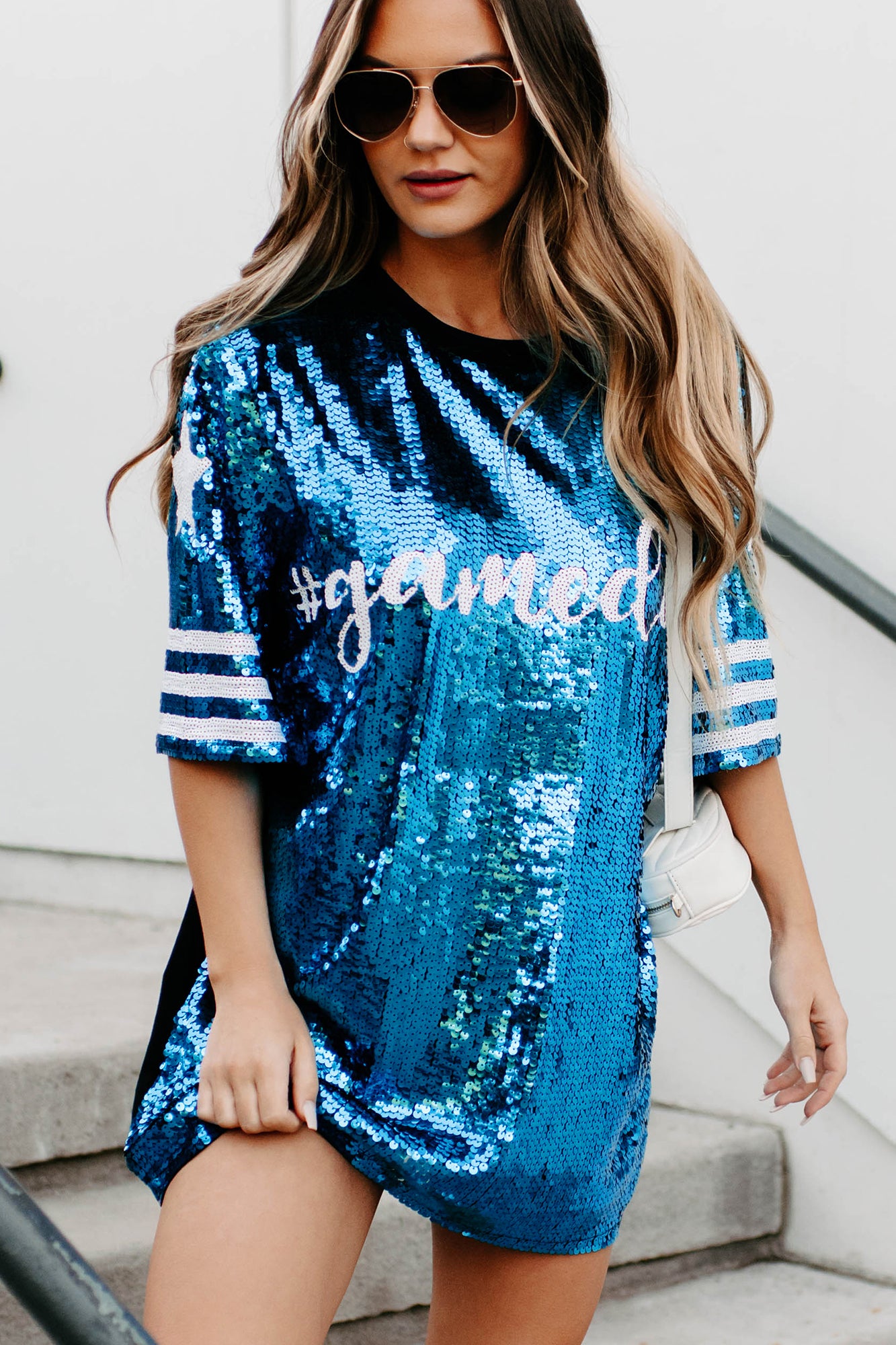 Gameday Glam Sequin T-Shirt Dress (Blue/White)-The Formal Wear
