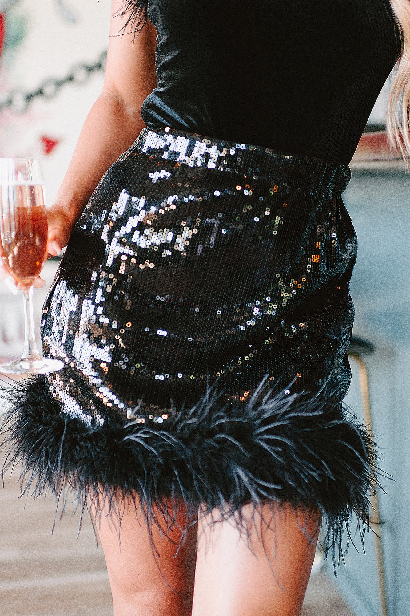 Sequin Sensation High Waisted Sequin Feather Mini Skirt (Black)-The Formal Wear