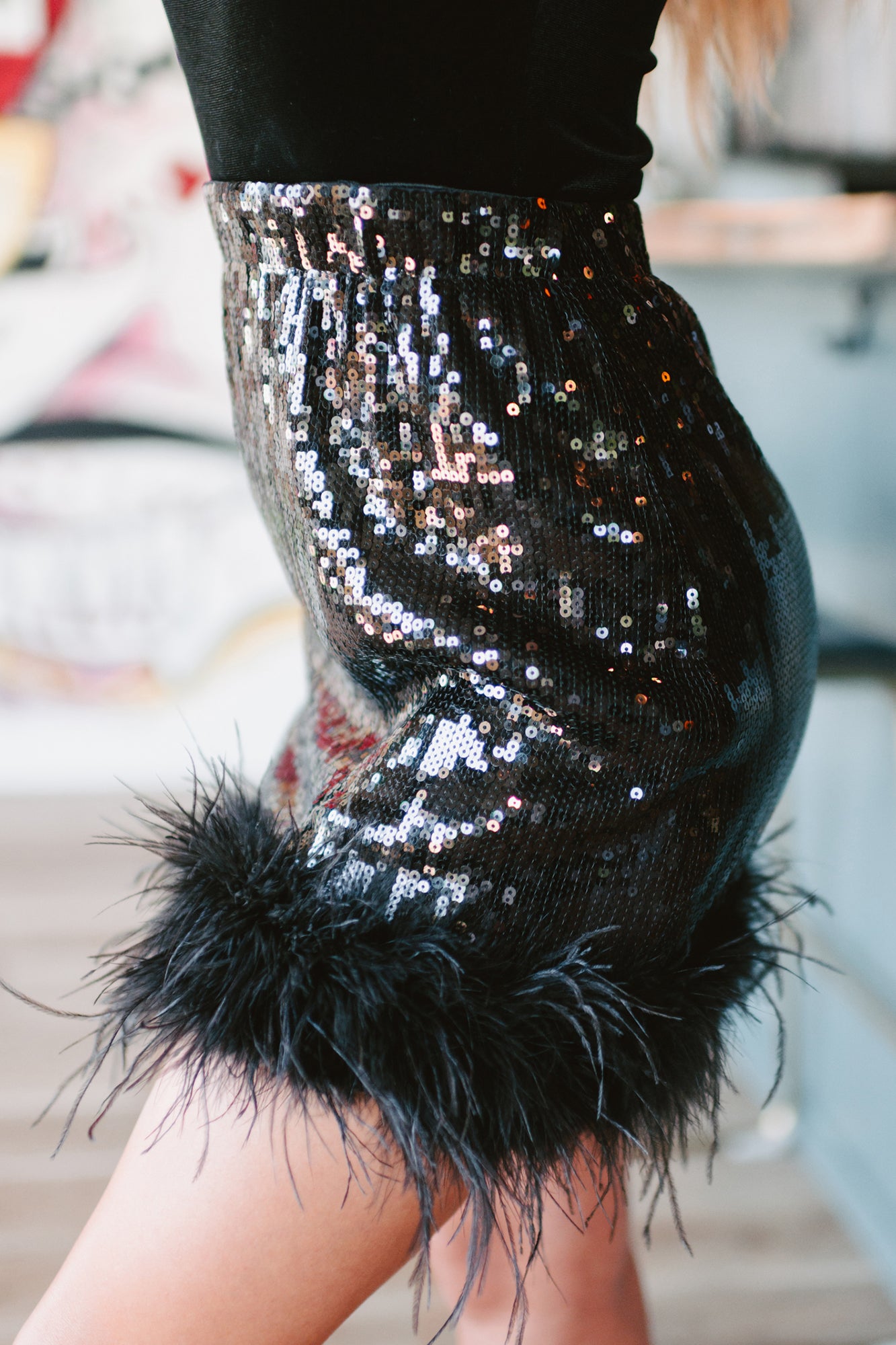 Sequin Sensation High Waisted Sequin Feather Mini Skirt (Black)-The Formal Wear