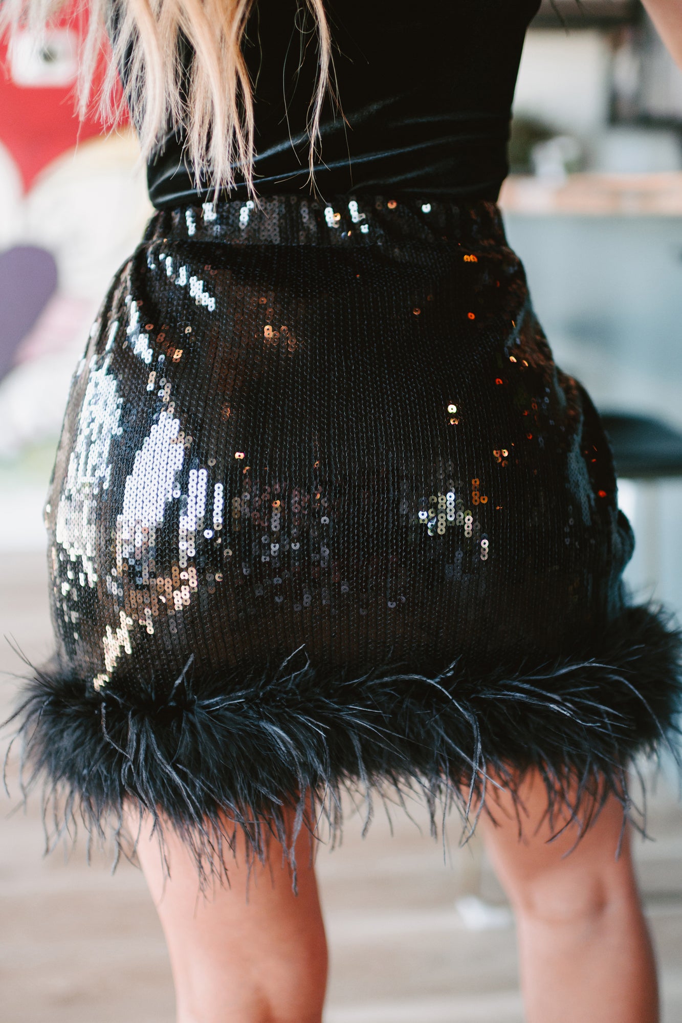 Sequin Sensation High Waisted Sequin Feather Mini Skirt (Black)-The Formal Wear