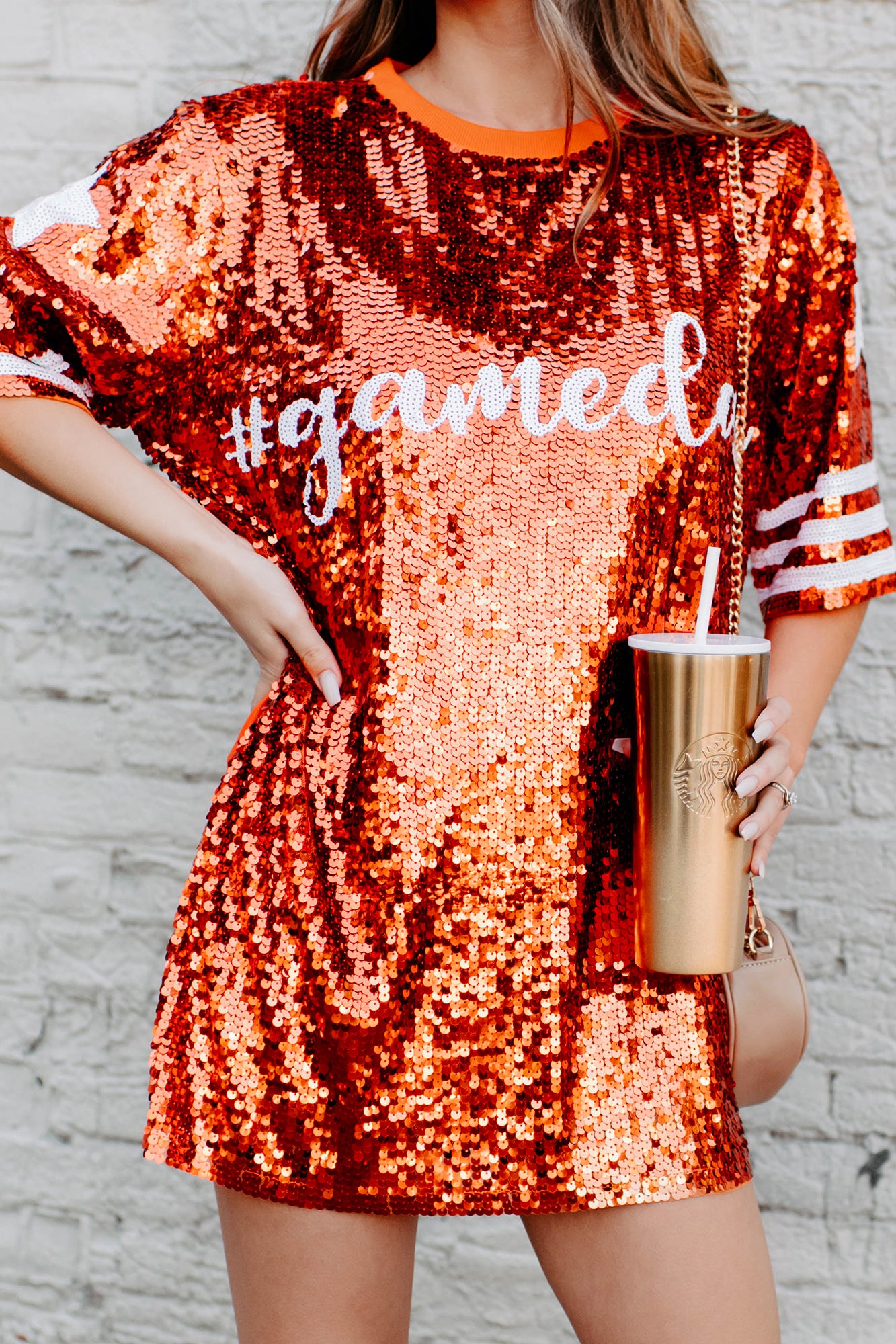 Gameday Glam Sequin T-Shirt Dress (Orange)-The Formal Wear