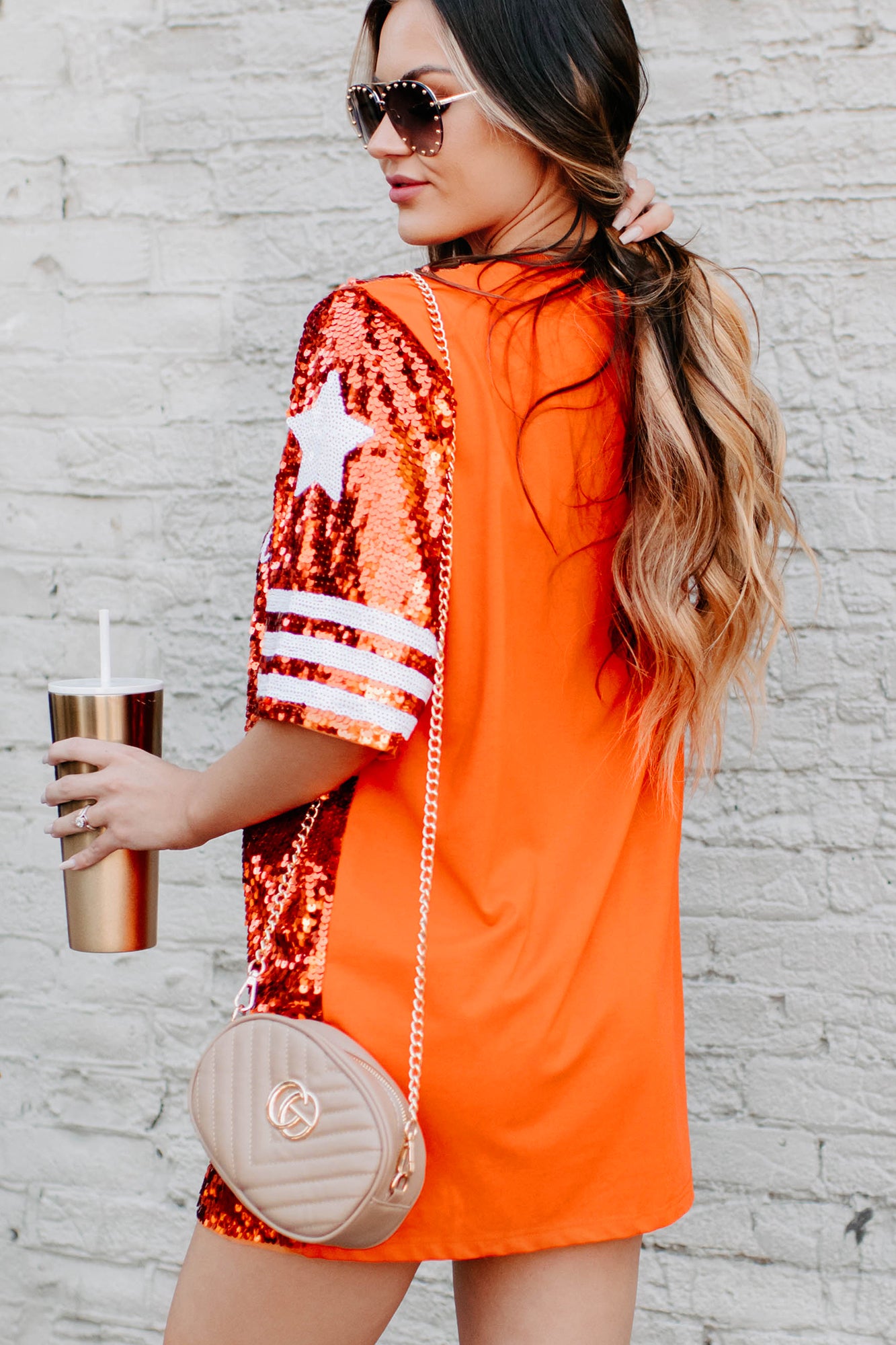 Gameday Glam Sequin T-Shirt Dress (Orange)-The Formal Wear