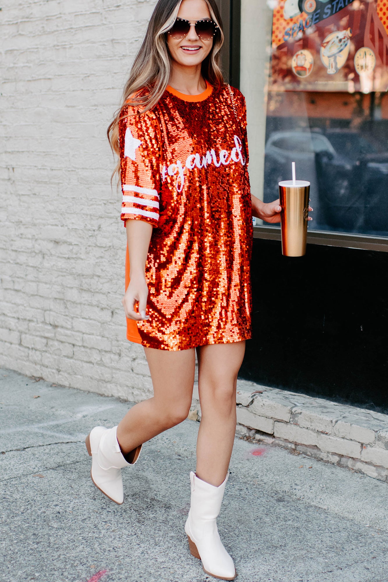 Gameday Glam Sequin T-Shirt Dress (Orange)-The Formal Wear