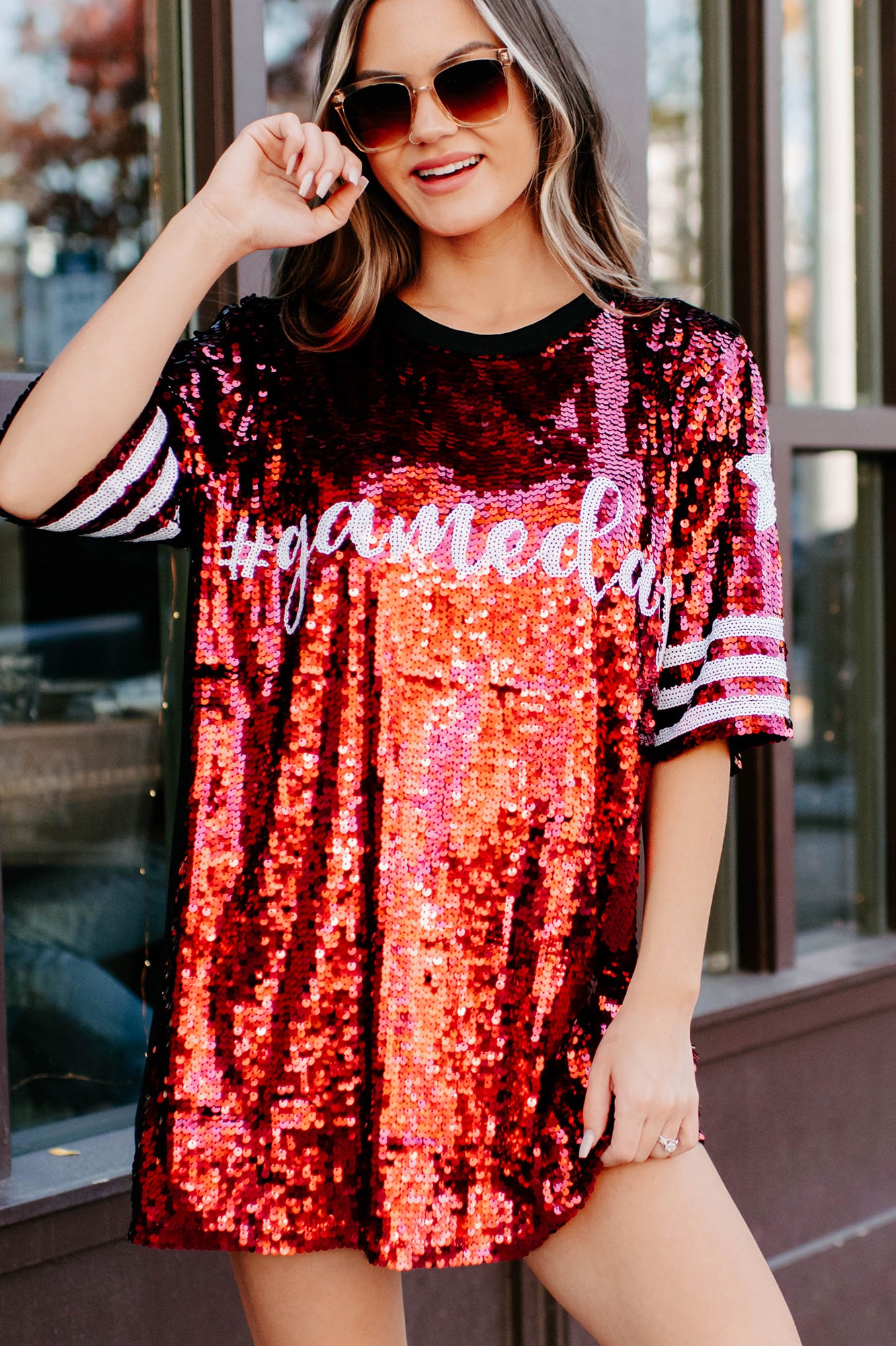 Gameday Glam Sequin T-Shirt Dress (Red/White)-The Formal Wear