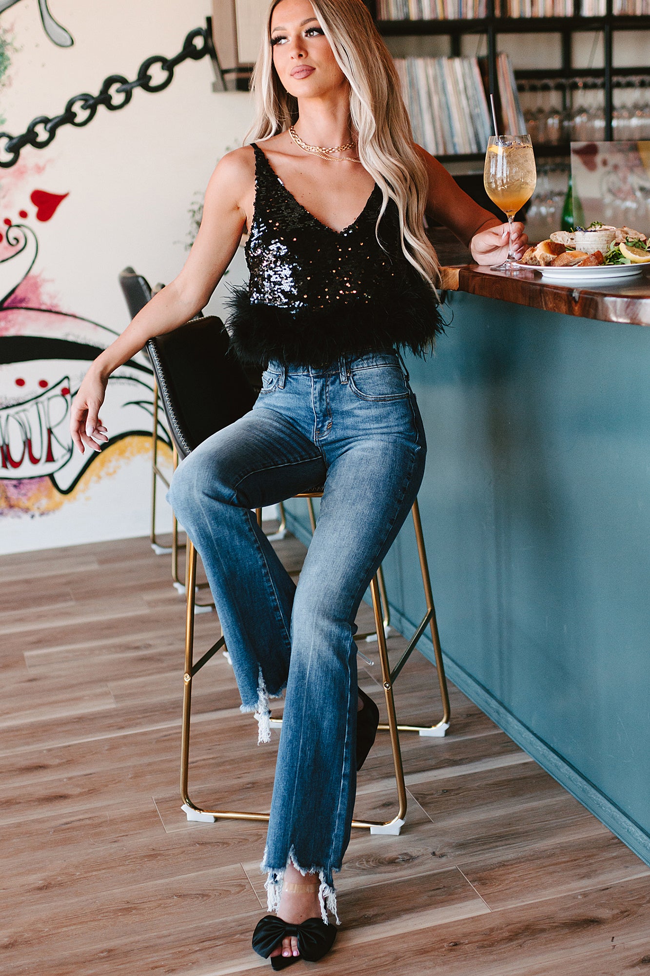 Ruffle Some Feathers Sequin Feather Trimmed Top (Black)-The Formal Wear