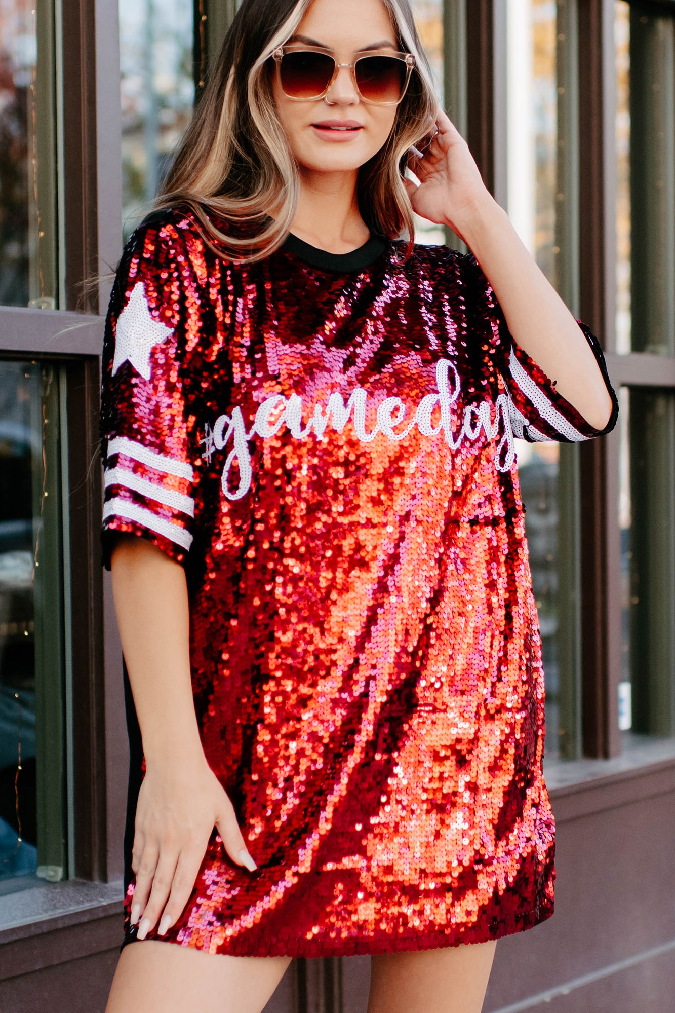 Gameday Glam Sequin T-Shirt Dress (Red/White)-The Formal Wear
