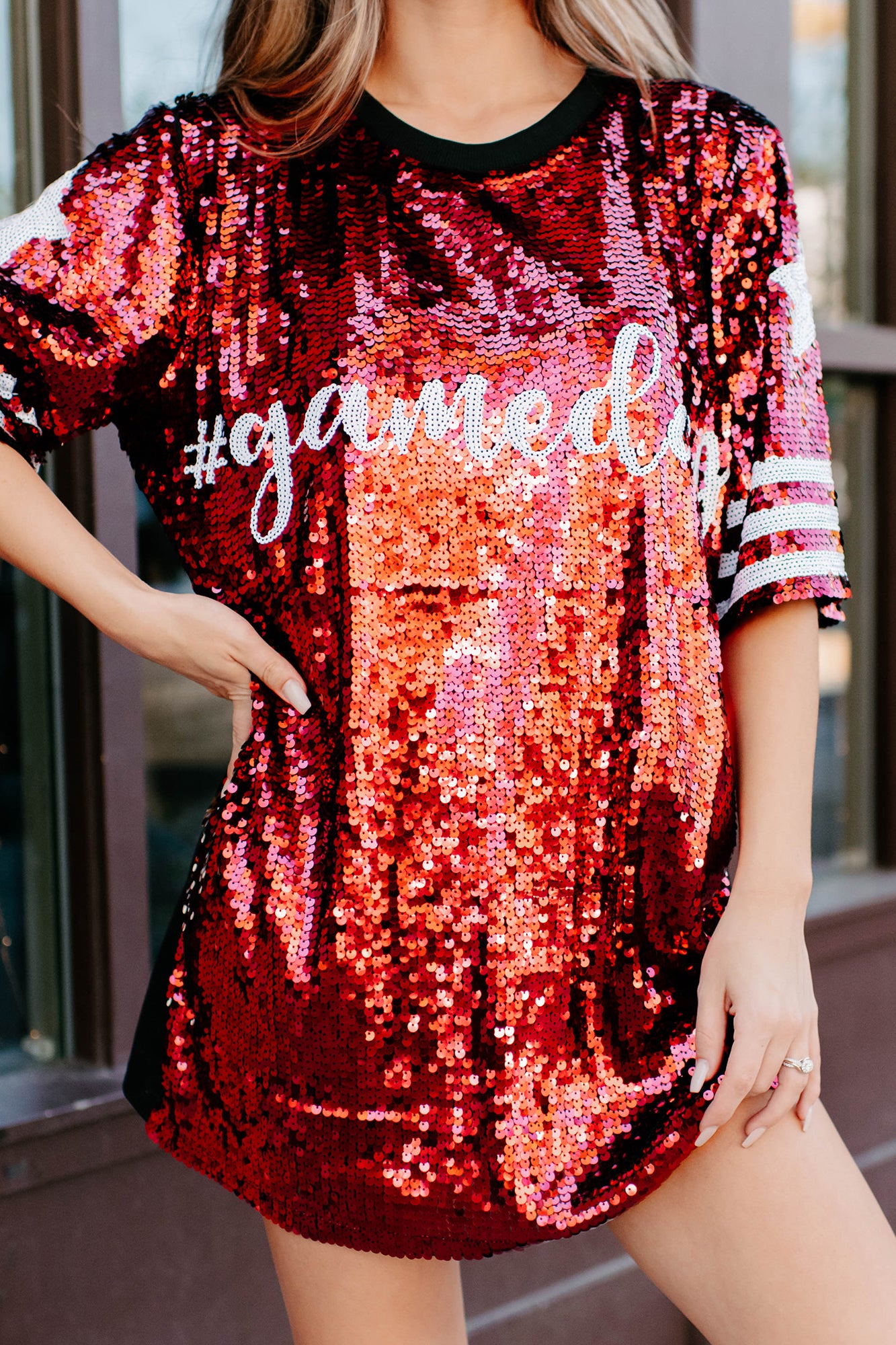 Gameday Glam Sequin T-Shirt Dress (Red/White)-The Formal Wear