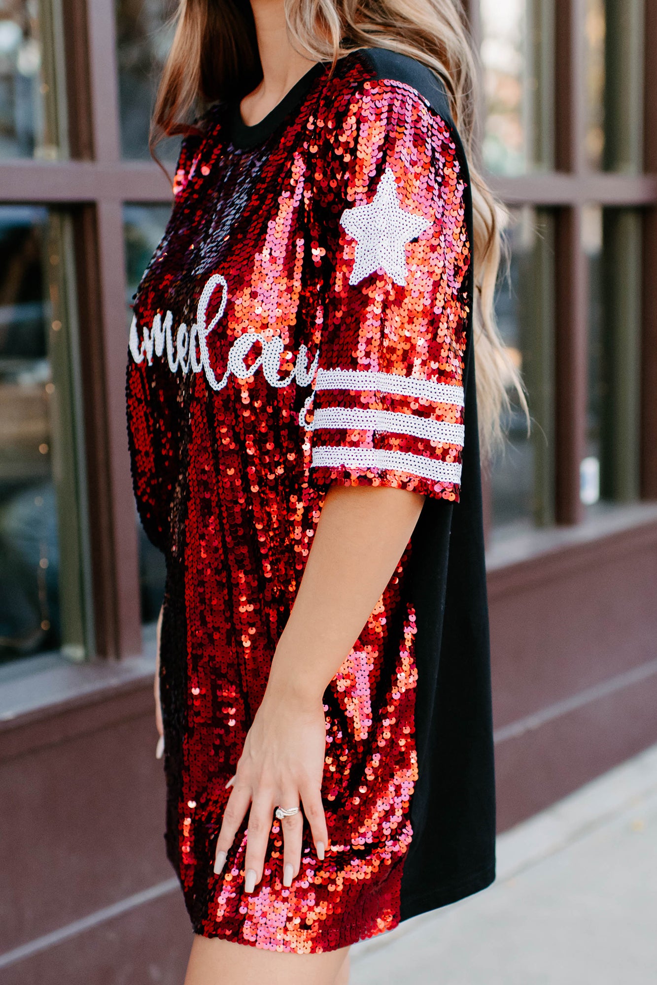 Gameday Glam Sequin T-Shirt Dress (Red/White)-The Formal Wear